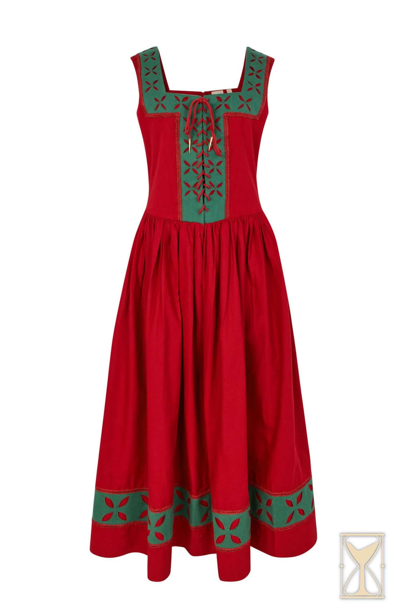Kampfrau dress in bold red and green colors with historical flair and pleated hem for LARP events.