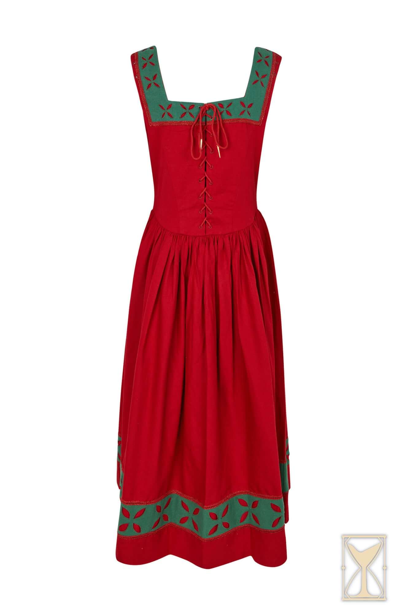 Kampfrau dress in bold red and green colors with historical flair and pleated hem.