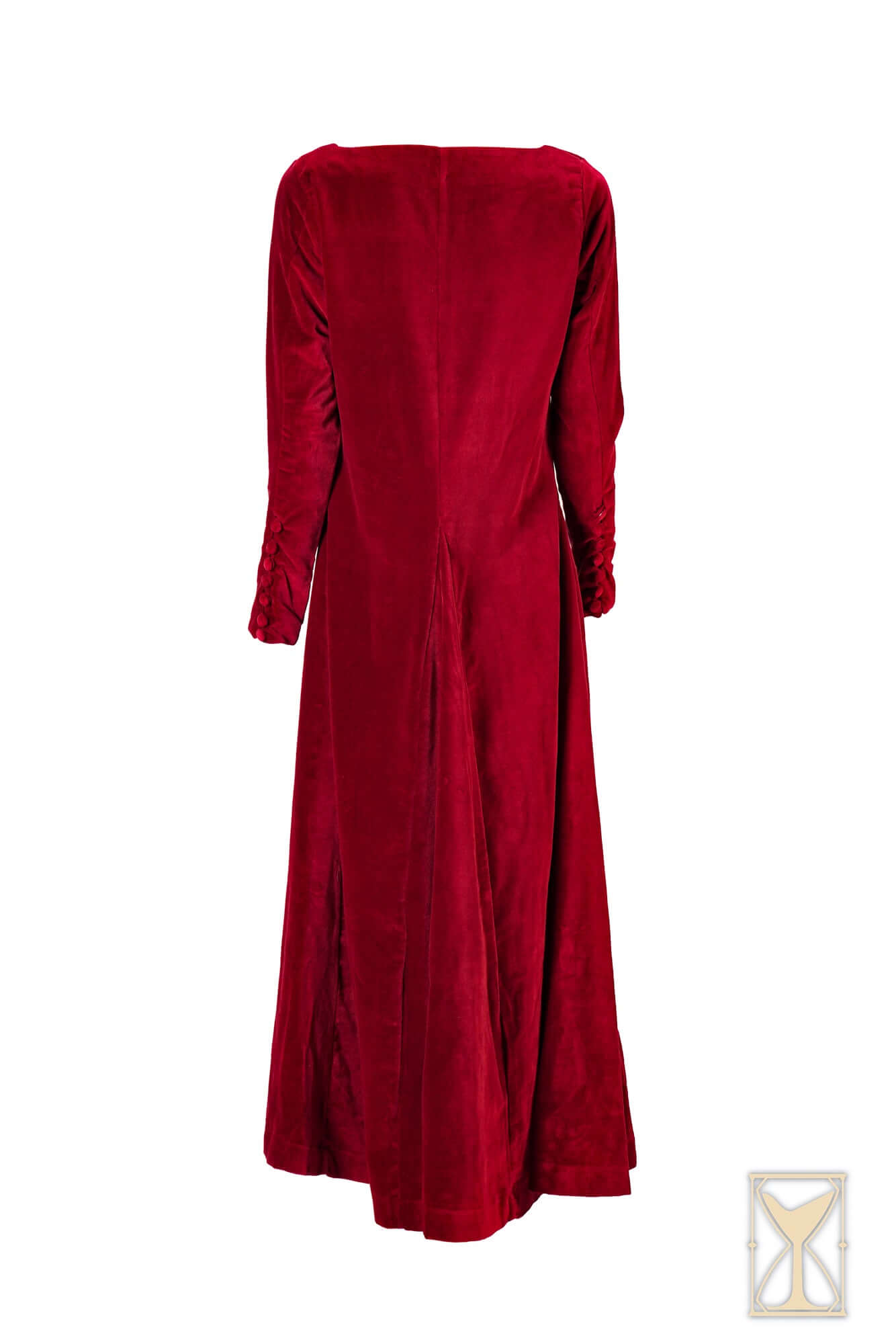 Back view of the Cotehardie Colette velvet dress, showcasing its elegant design from the late middle ages.