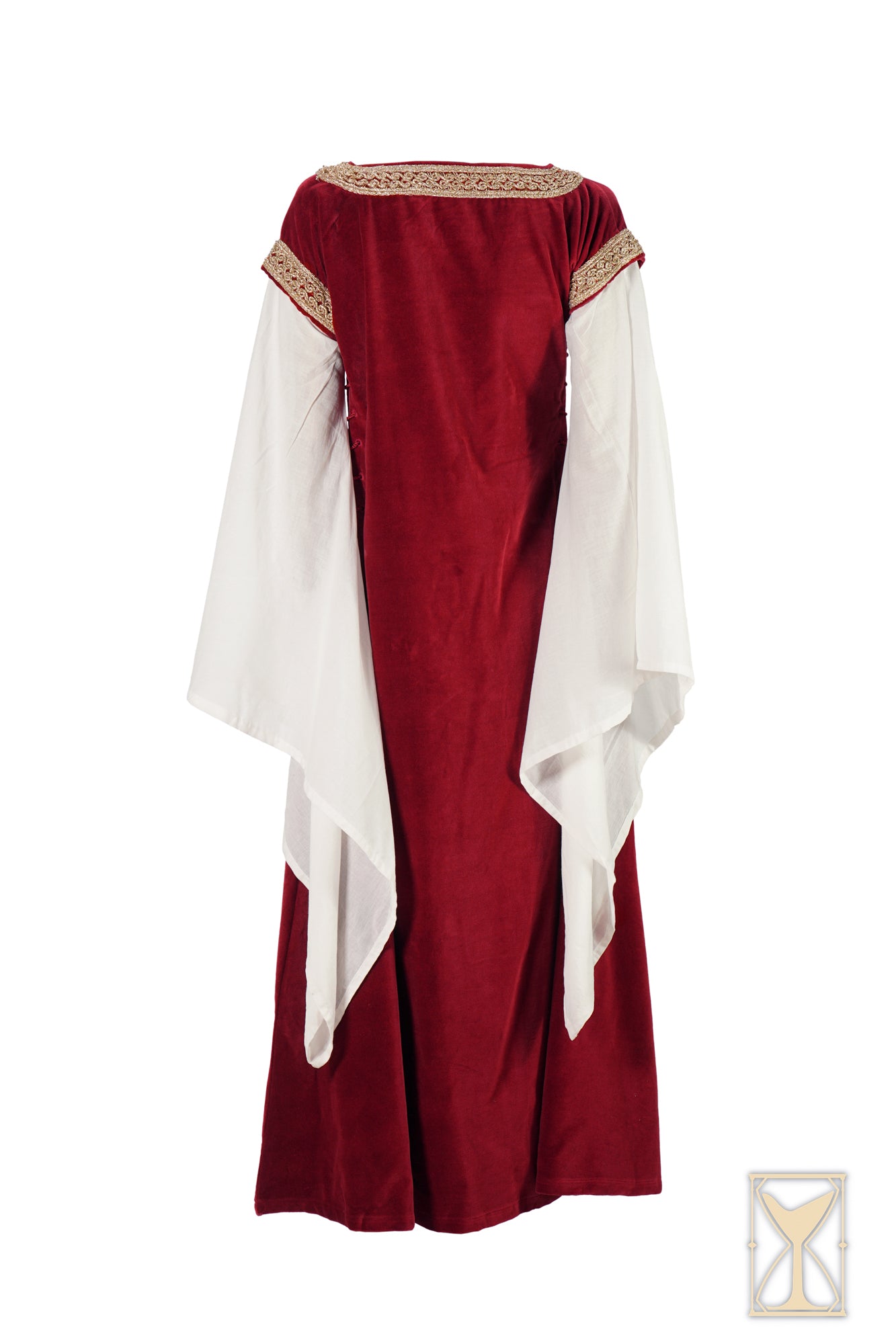 Back view of the Bliaut Noble, a 12th-century style dress with velvet and muslin, featuring long sleeves and side lacing.