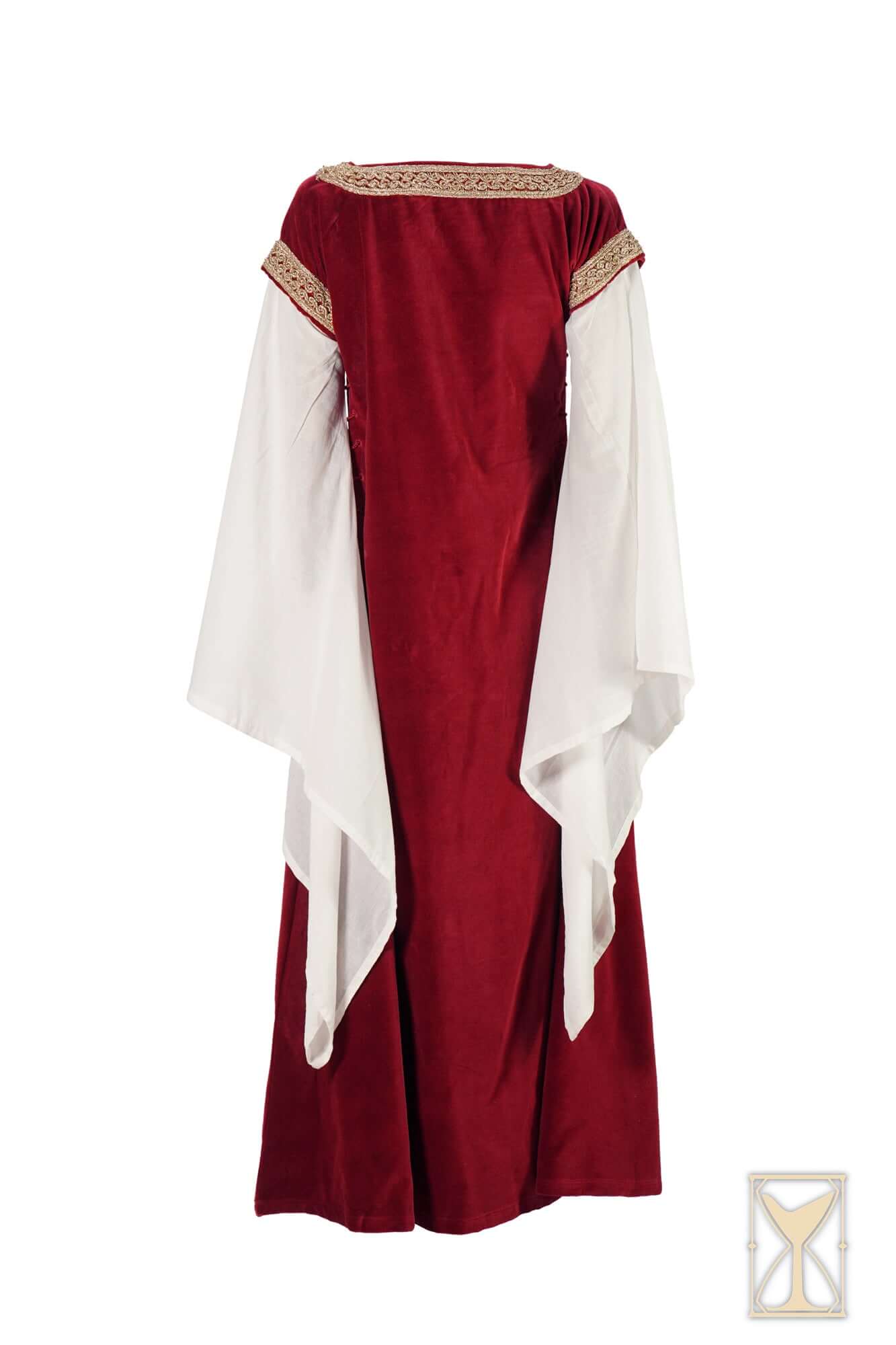 Back view of the Bliaut Noble, a 12th-century style dress with velvet and muslin, featuring long sleeves and side lacing.