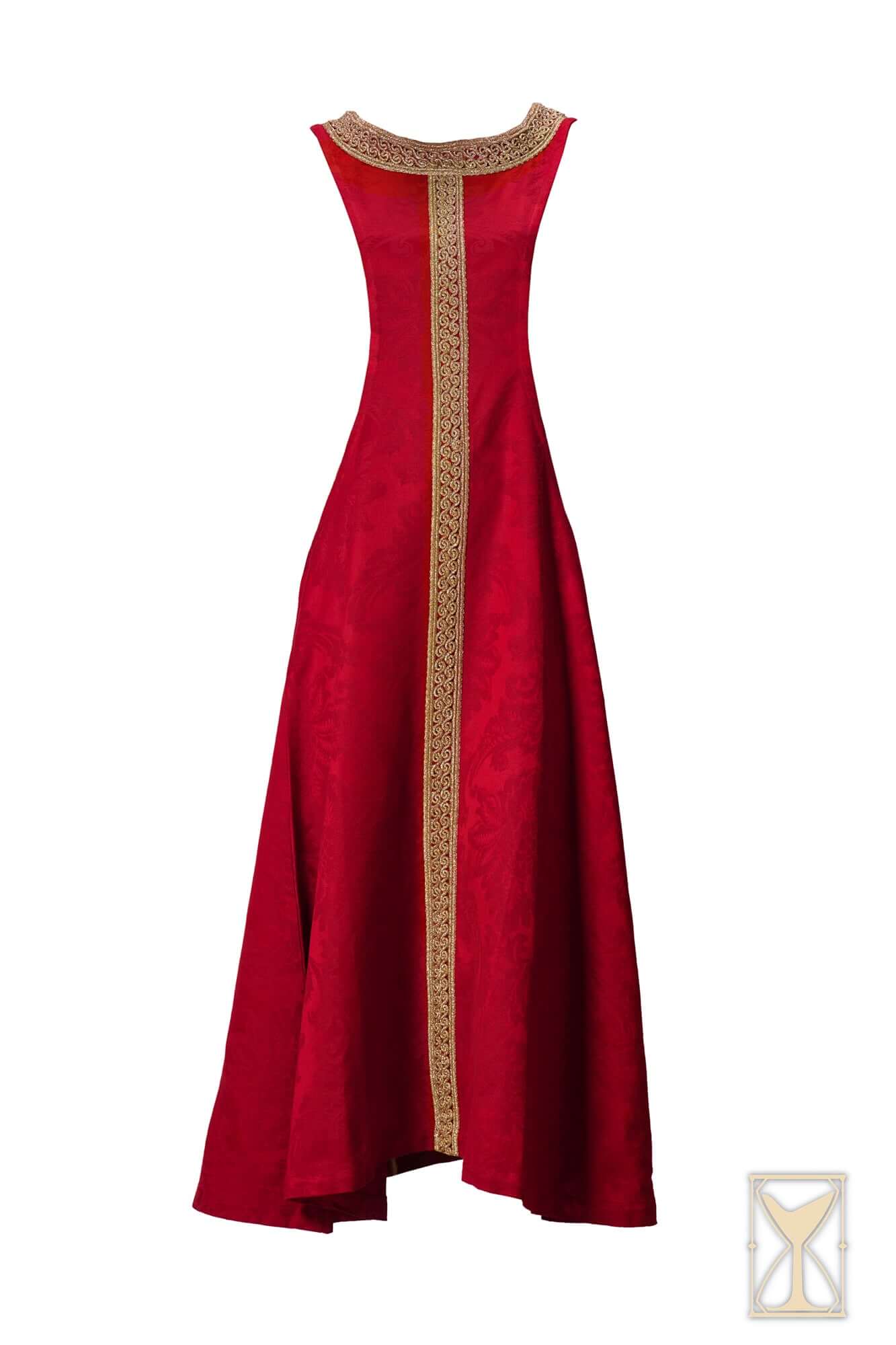 Pellote - Medieval Dress featuring a sleeveless design and patterned brocade fabric in red with intricate golden trim.