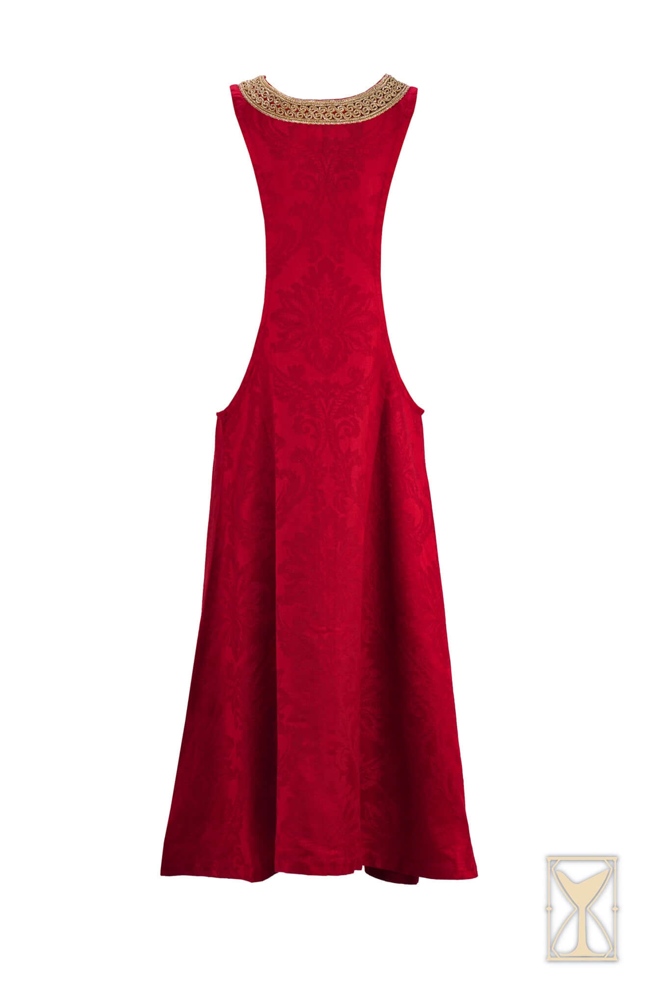 Pellote - Medieval Dress showcasing a red sleeveless surcoat with deep side openings and a decorative neckline.