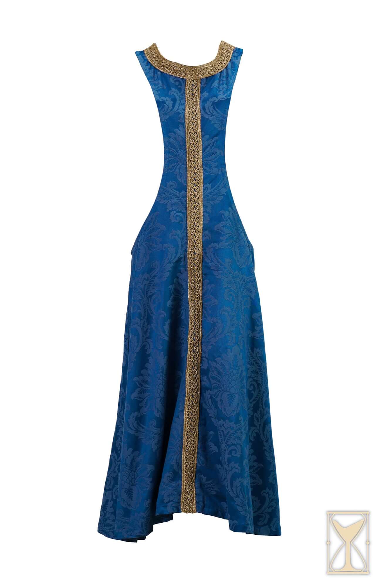 Pellote - Medieval Dress featuring a sleeveless surcoat with a stylish blue patterned design and deep side openings.