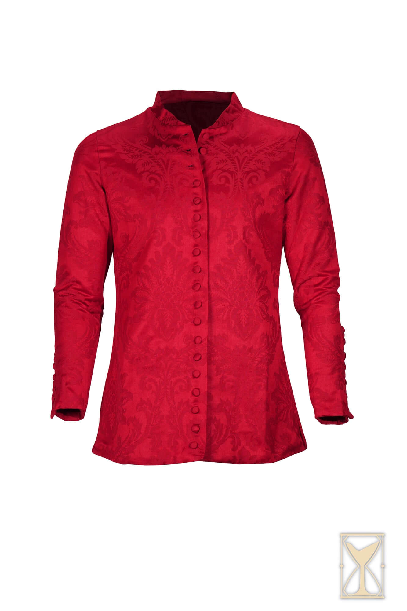 Cotehardie Rodrigo red button-up jacket featuring a slim fitted design and heavy brocade fabric.