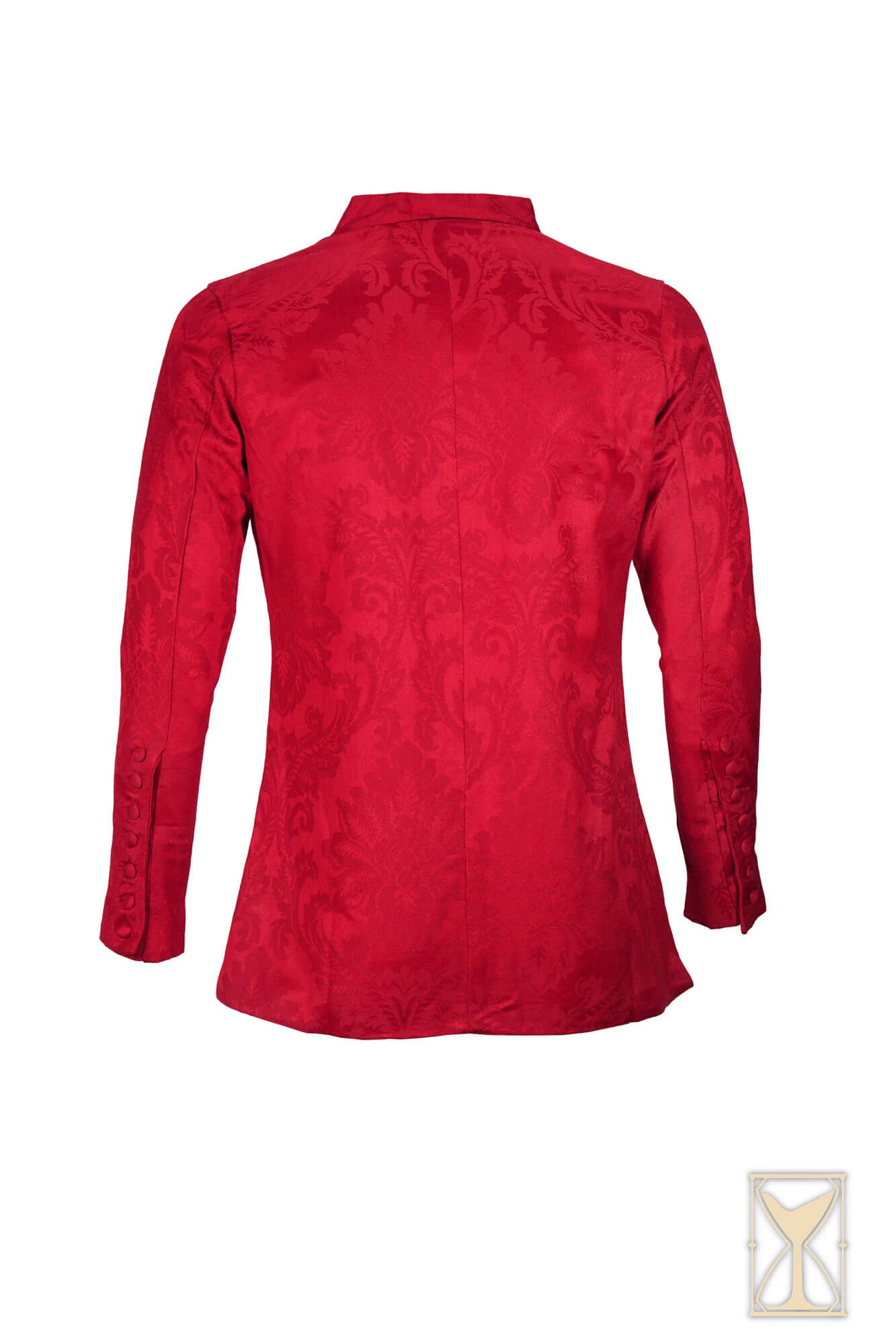 Cotehardie Rodrigo back view showcasing rich red brocade fabric and tailored design for Late Middle Ages style.