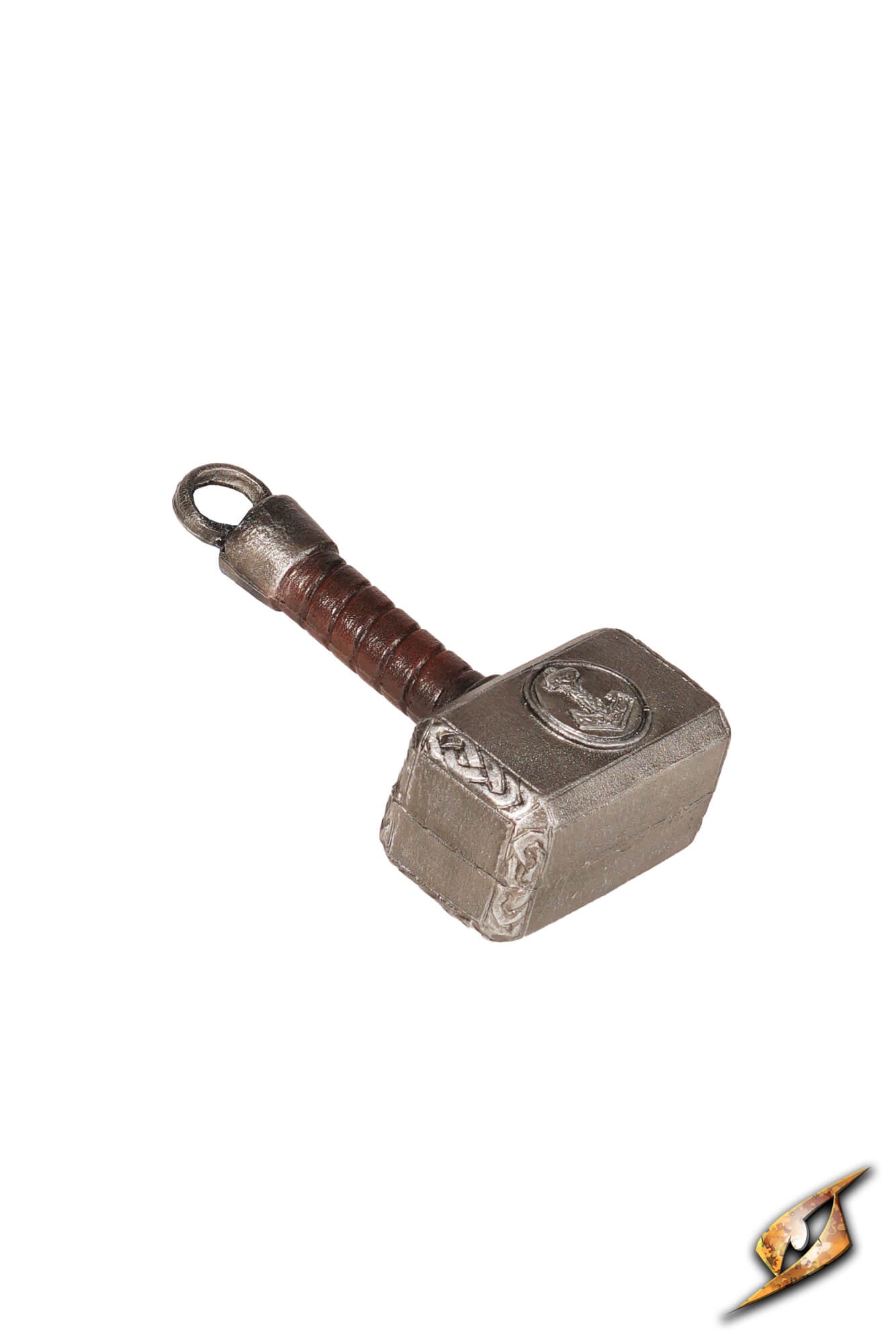 A miniature metal replica of Thor's hammer, Mjolnir, featuring a silver-toned head with engraved details and a brown wrapped handle, complete with a hanging loop at the top, shown on a plain white background.