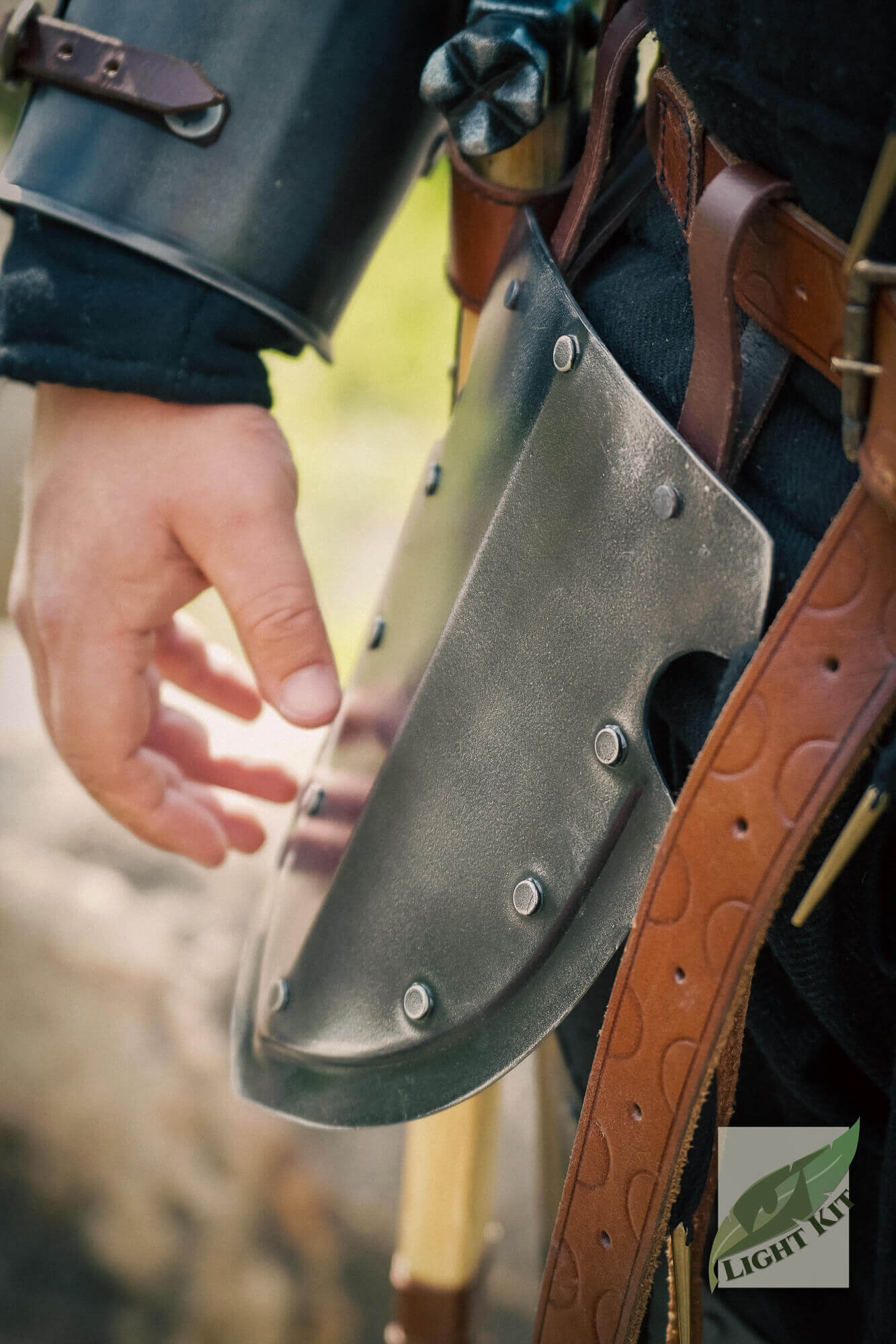 Captain Belt Shields - Light Kit shown attached to a belt, providing protective coverage on the thigh.