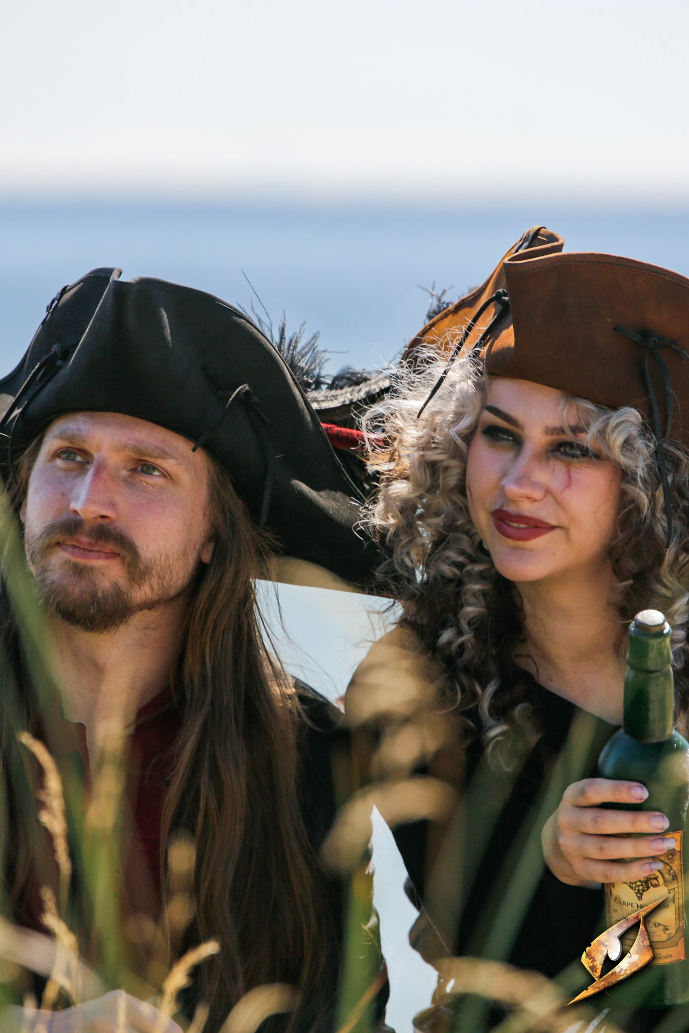 Simple Leather Pirate Tricorn Hat worn by two people outdoors, enhancing their pirate costumes with a scenic backdrop.