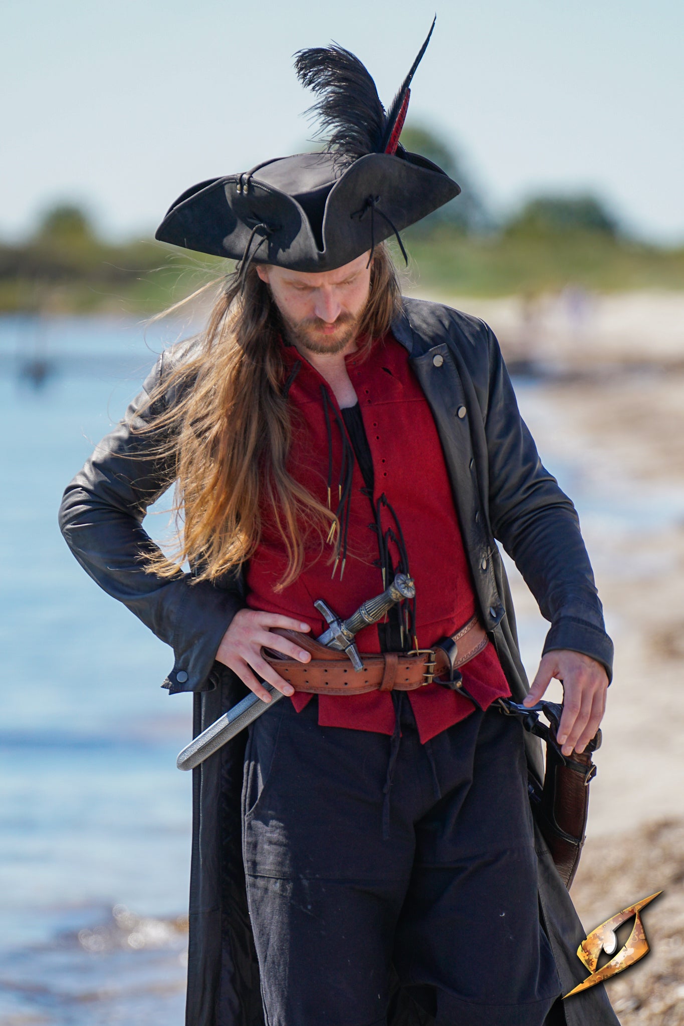 Simple Leather Pirate Tricorn Hat worn by a pirate at the beach, completing the iconic pirate costume.