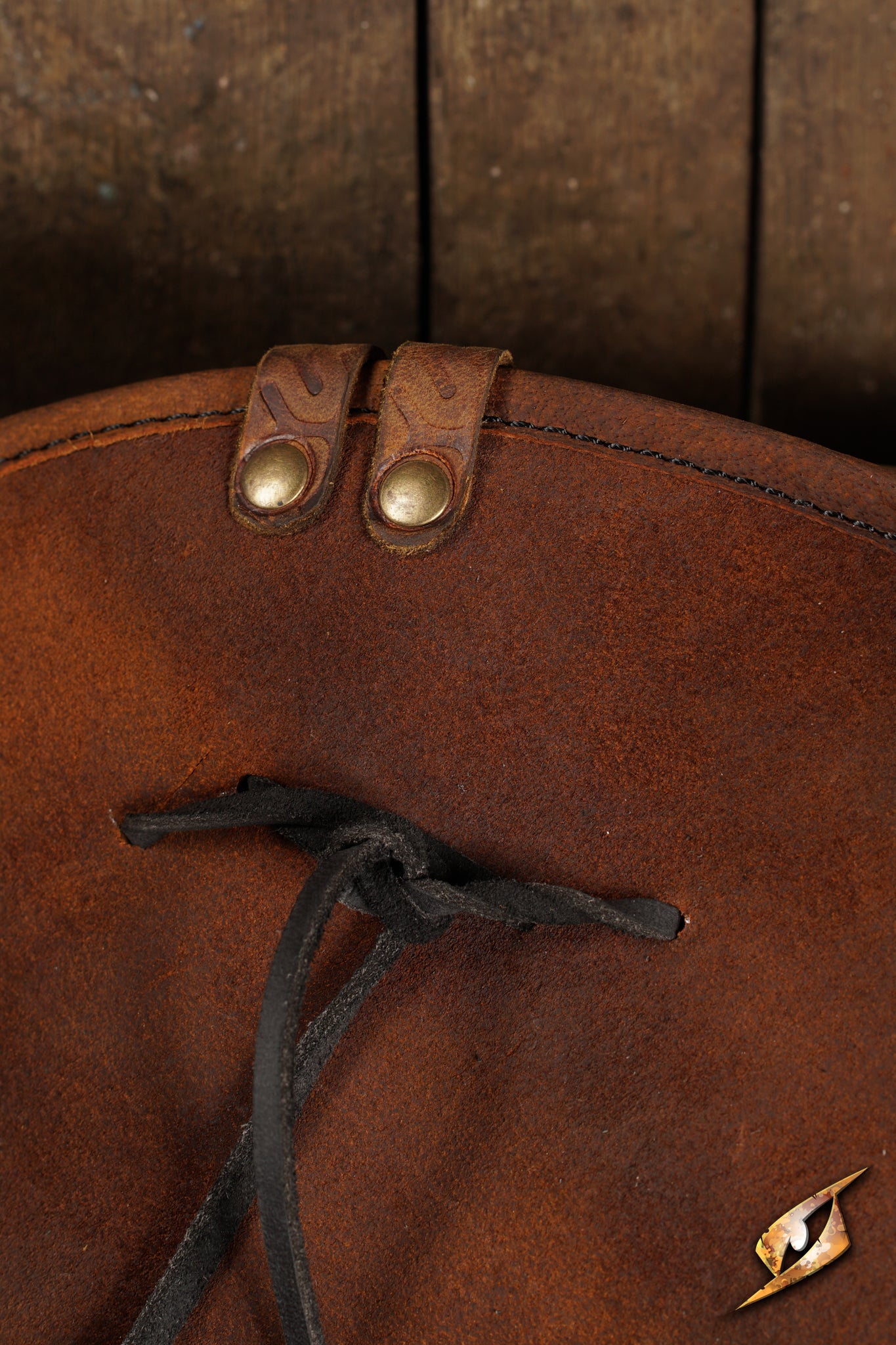 Simple Leather Pirate Tricorn Hat detailed view highlighting the top fastening and craftsmanship.