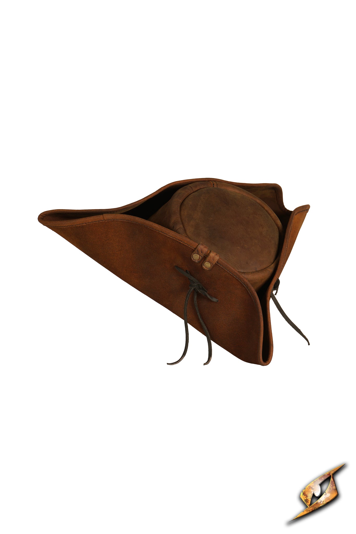 Simple Leather Pirate Tricorn Hat with wide, three-cornered brim and leather ties for authentic pirate look.
