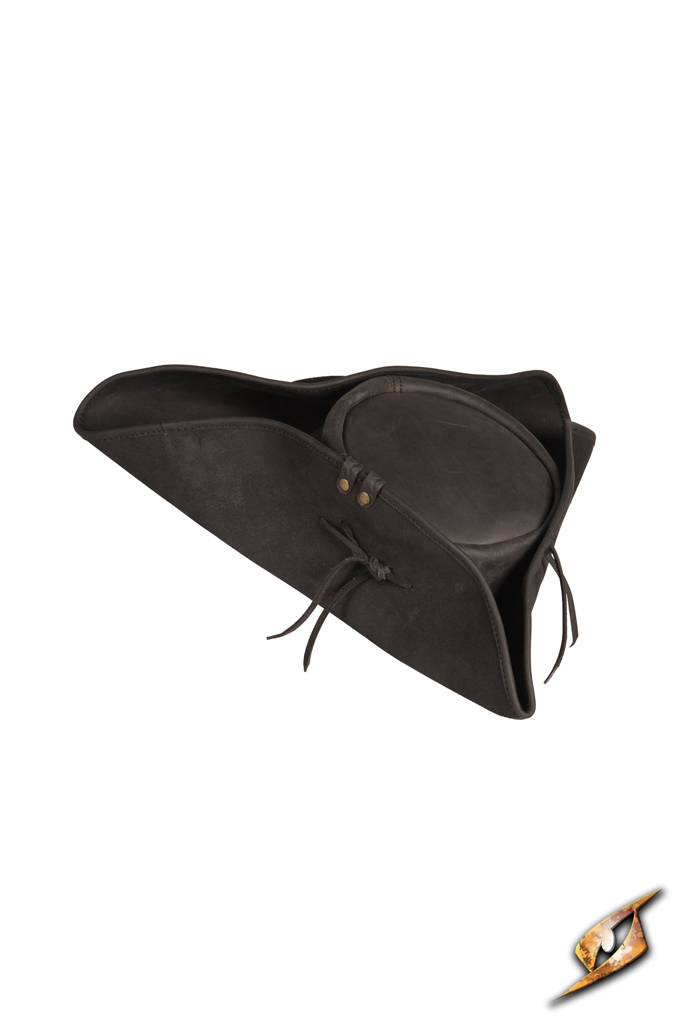 Simple Leather Pirate Tricorn Hat displayed at an angle, showcasing its wide brim and leather texture.