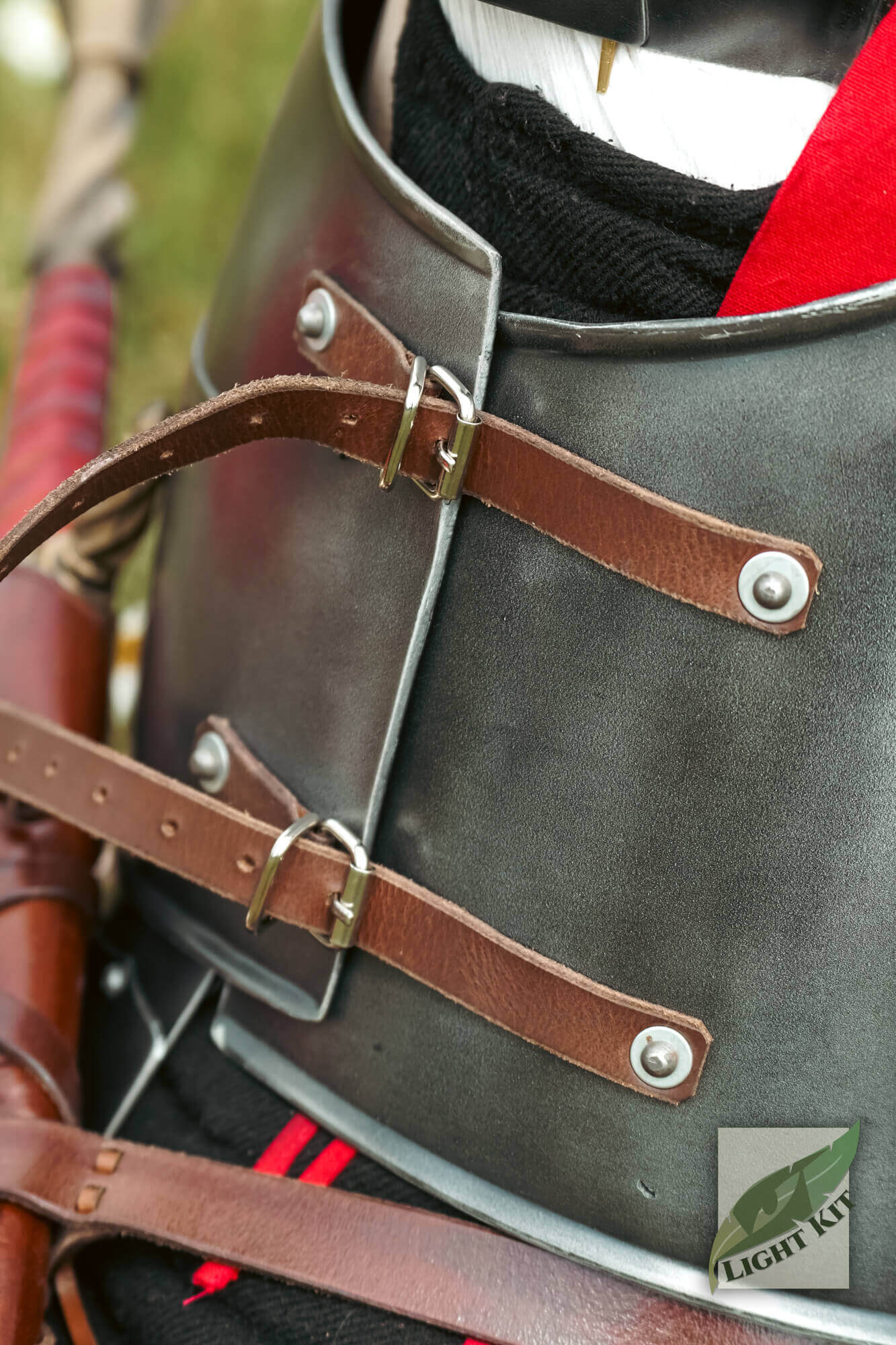 Detailed view of Milanese Armour - Light Kit showcasing leather straps and high-density polyurea craftsmanship.