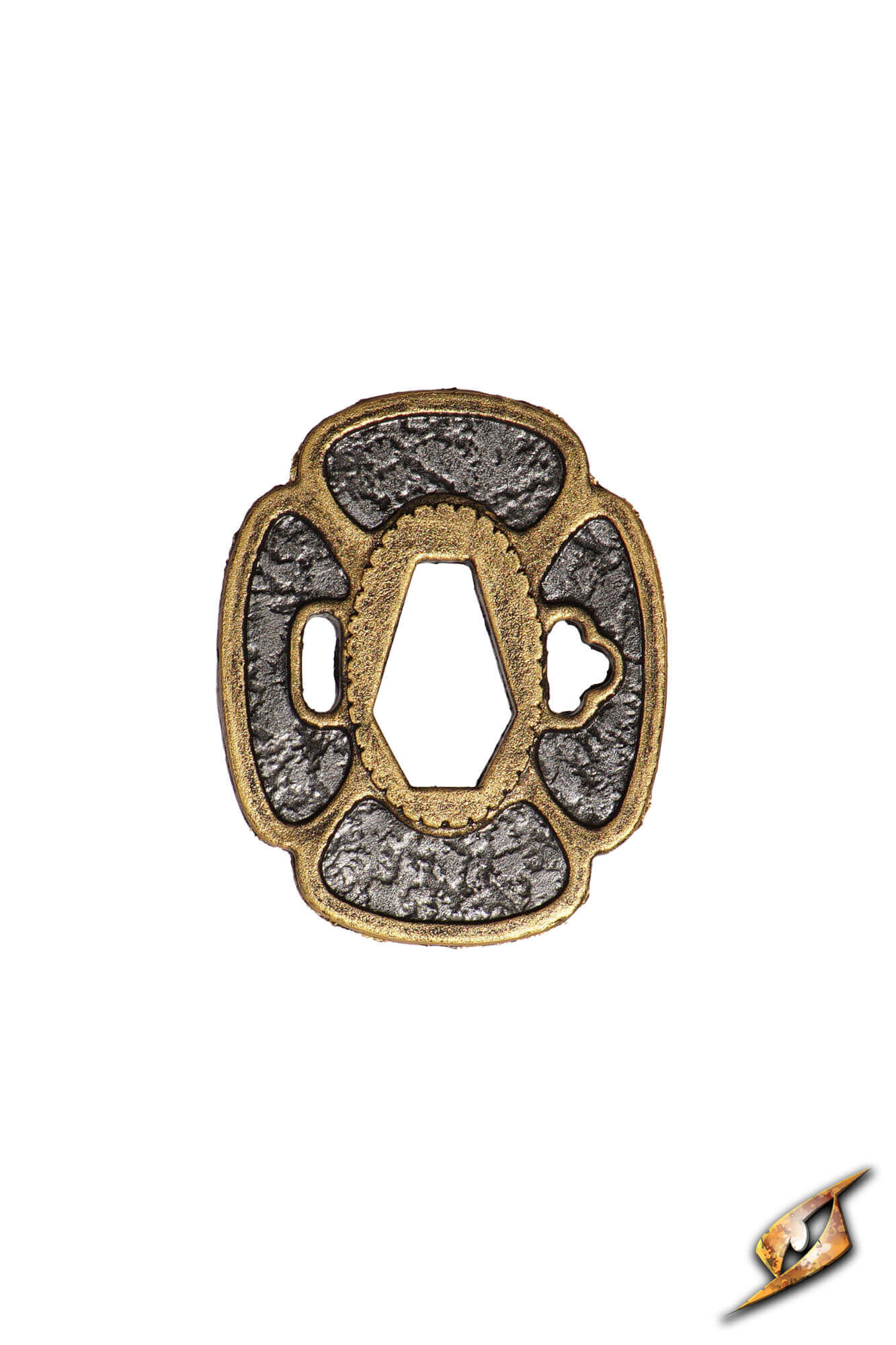 Mokko-gata Tsuba showcasing a classic four-lobed design with a blend of gold and textured black finishes.