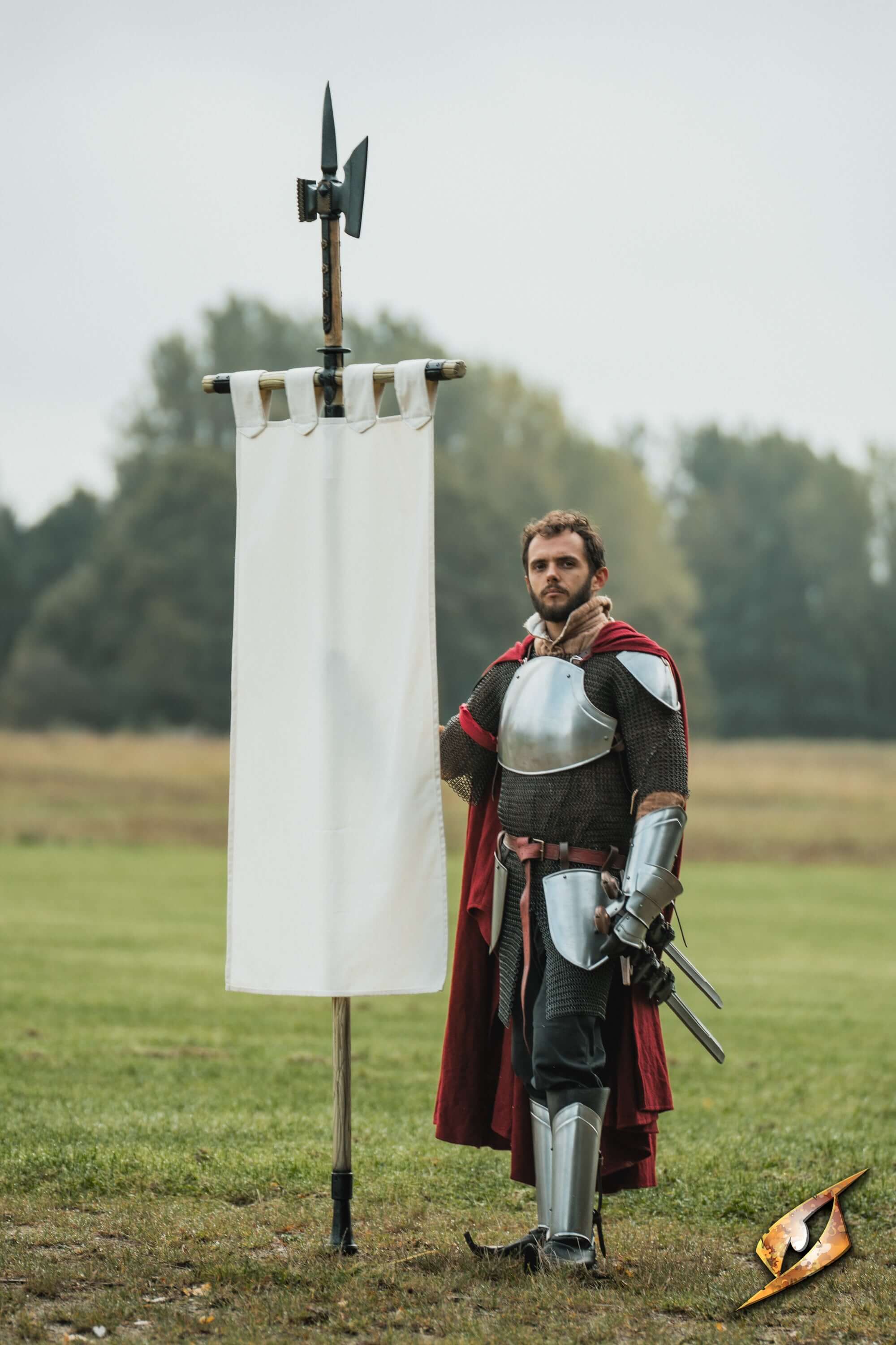 Complete Battle Standard Set - Halberd Top with a halberd design and a knight in armor standing by the standard.