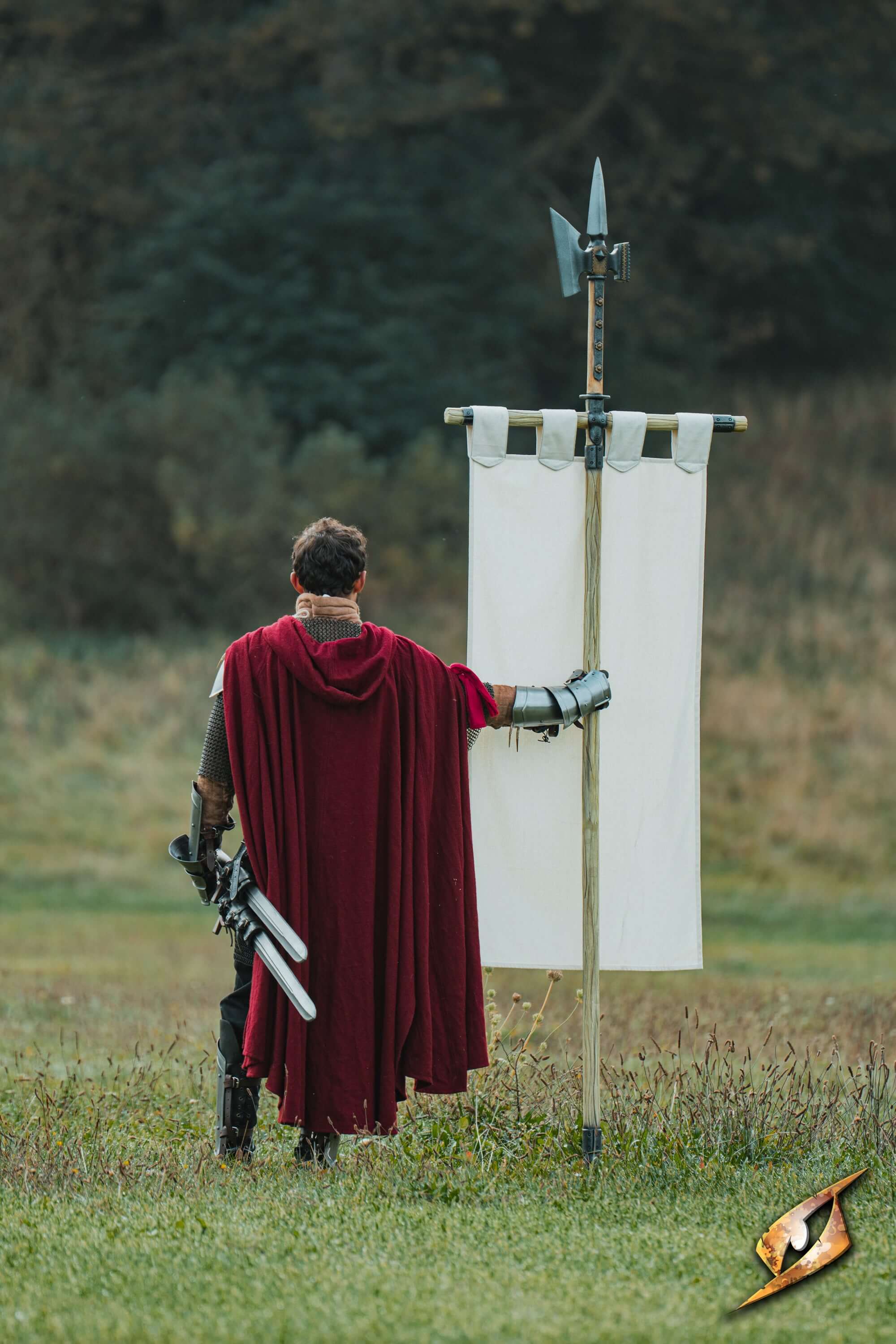 Complete Battle Standard Set - Halberd Top displayed in a field with a soldier in a red cape.