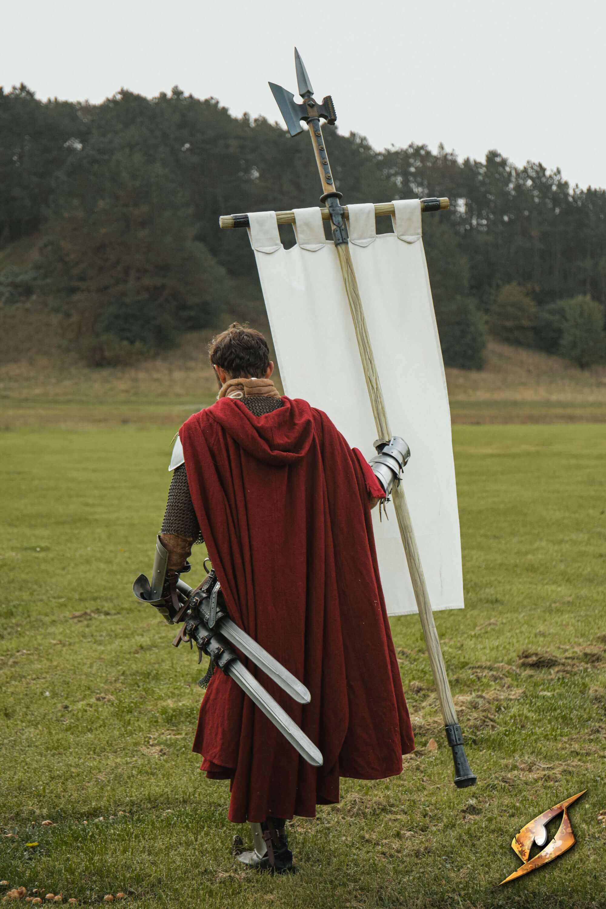 Complete Battle Standard Set - Halberd Top, medieval warrior in red cloak holding flag and dual swords.