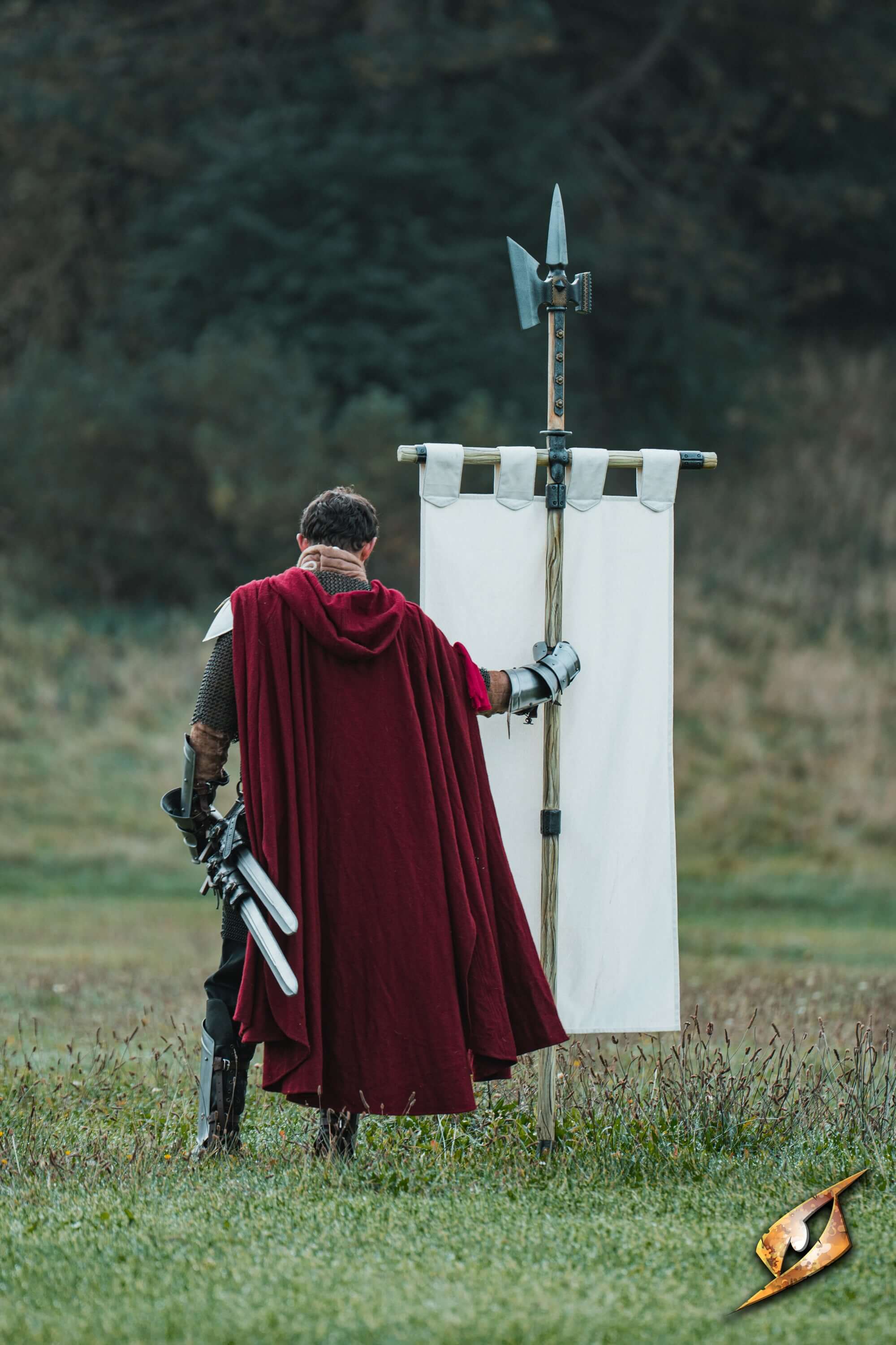 Complete Battle Standard Set - Halberd Top featuring a warrior holding a halberd with a banner in a grassy field.