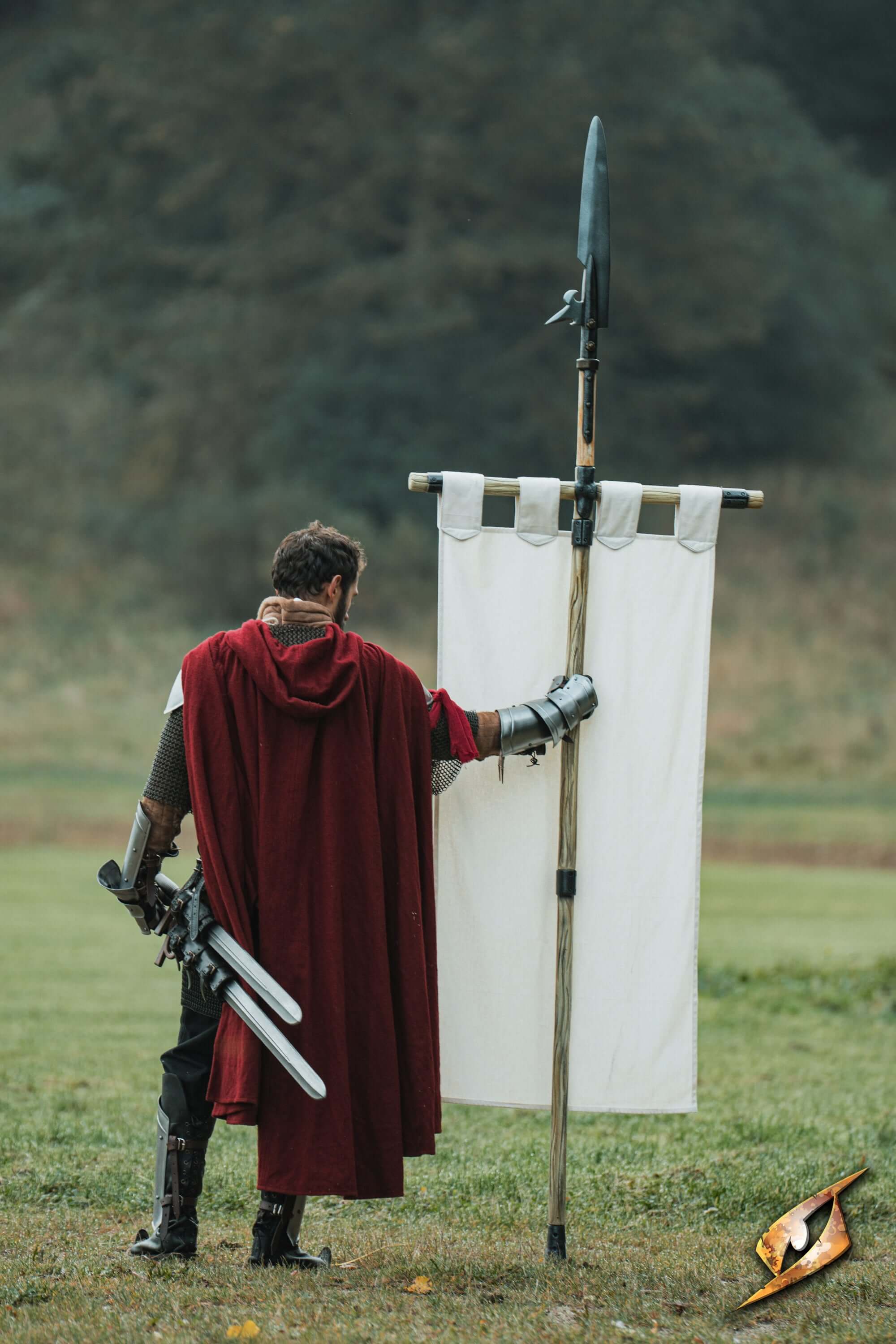 Complete Battle Standard Set - Fauchard Top displayed by a warrior in a red cloak holding a polearm and a flag.