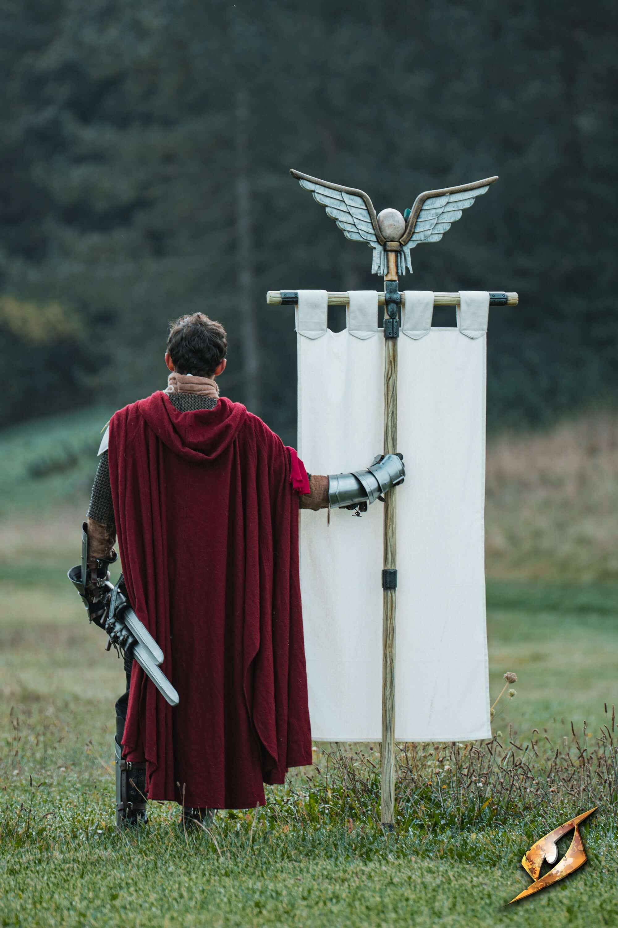 Complete Battle Standard Set - Winged Skull Top displayed by a warrior in a red cloak outdoors.