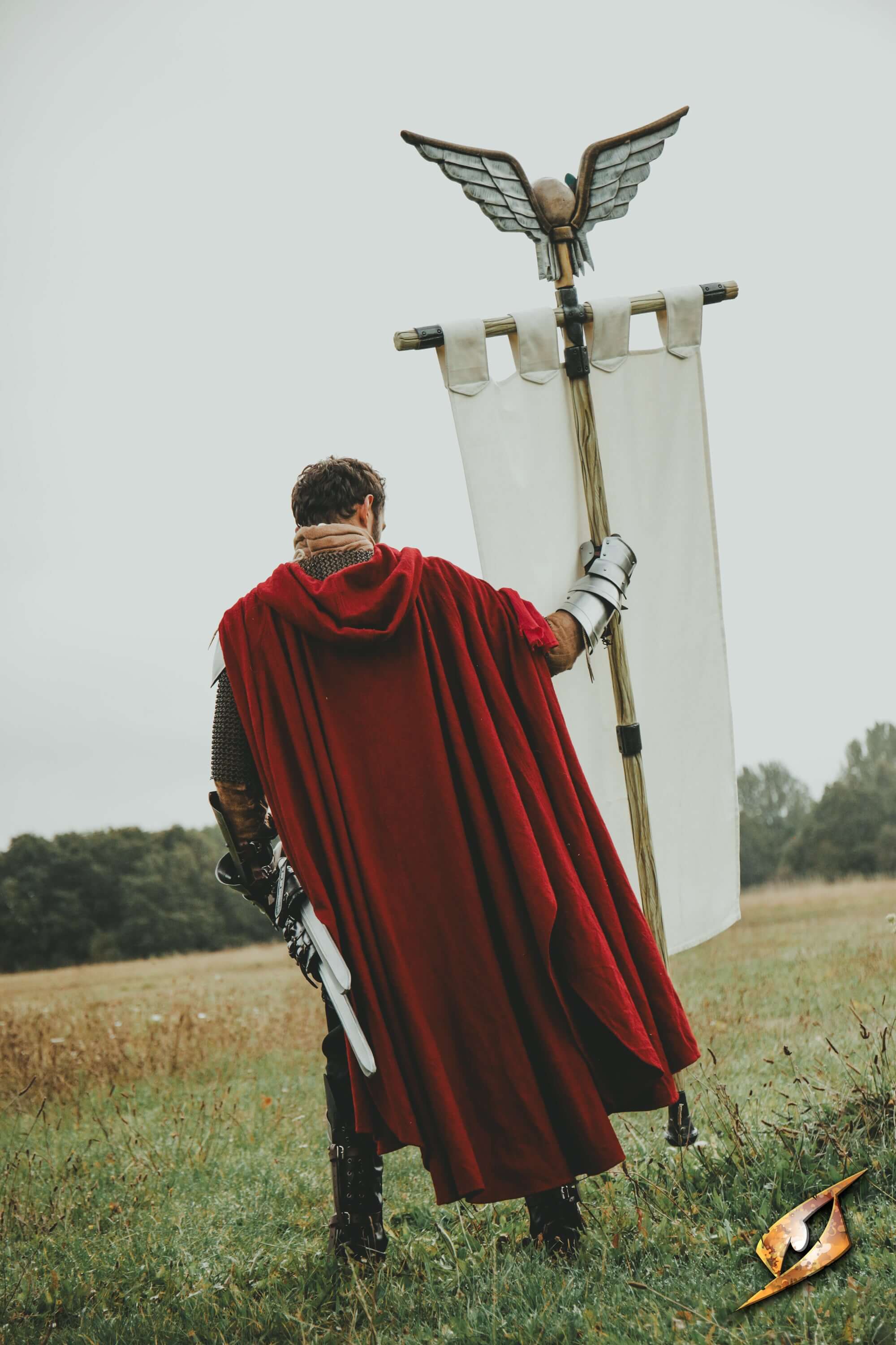 Complete Battle Standard Set - Winged Skull Top held by a figure in a red cloak on a grassy field.
