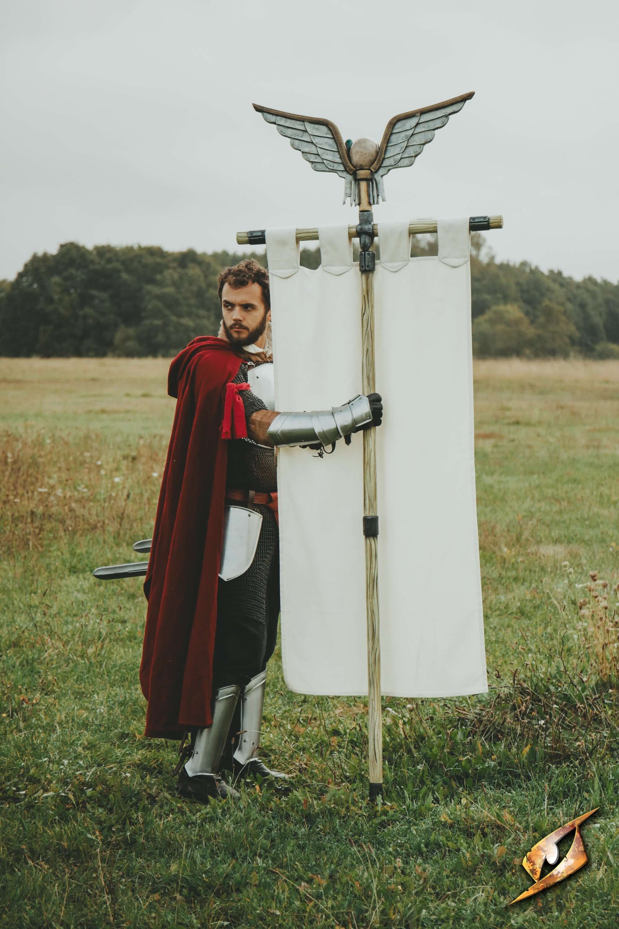 Complete Battle Standard Set - Winged Skull Top held by a warrior in armor with a red cape outdoors.
