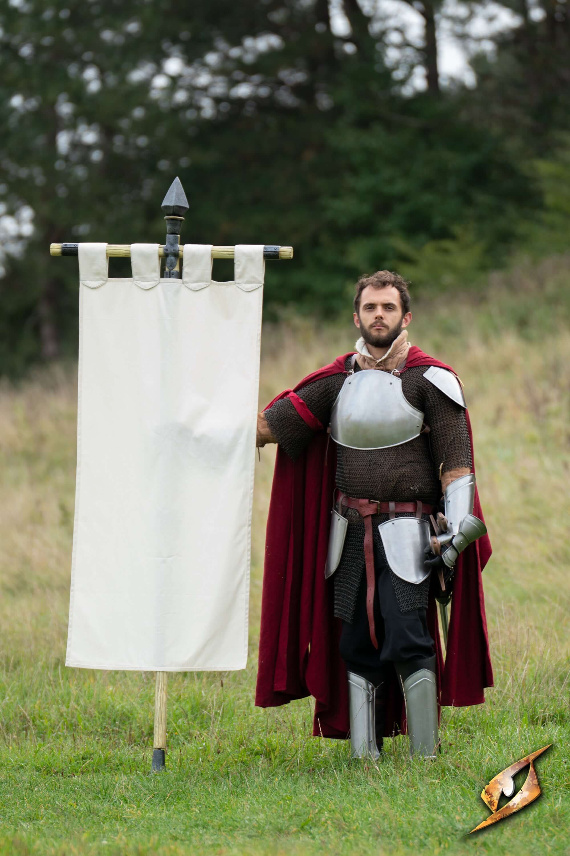 Complete Battle Standard Set - Spear Top with a soldier in armor holding a blank banner outdoors.