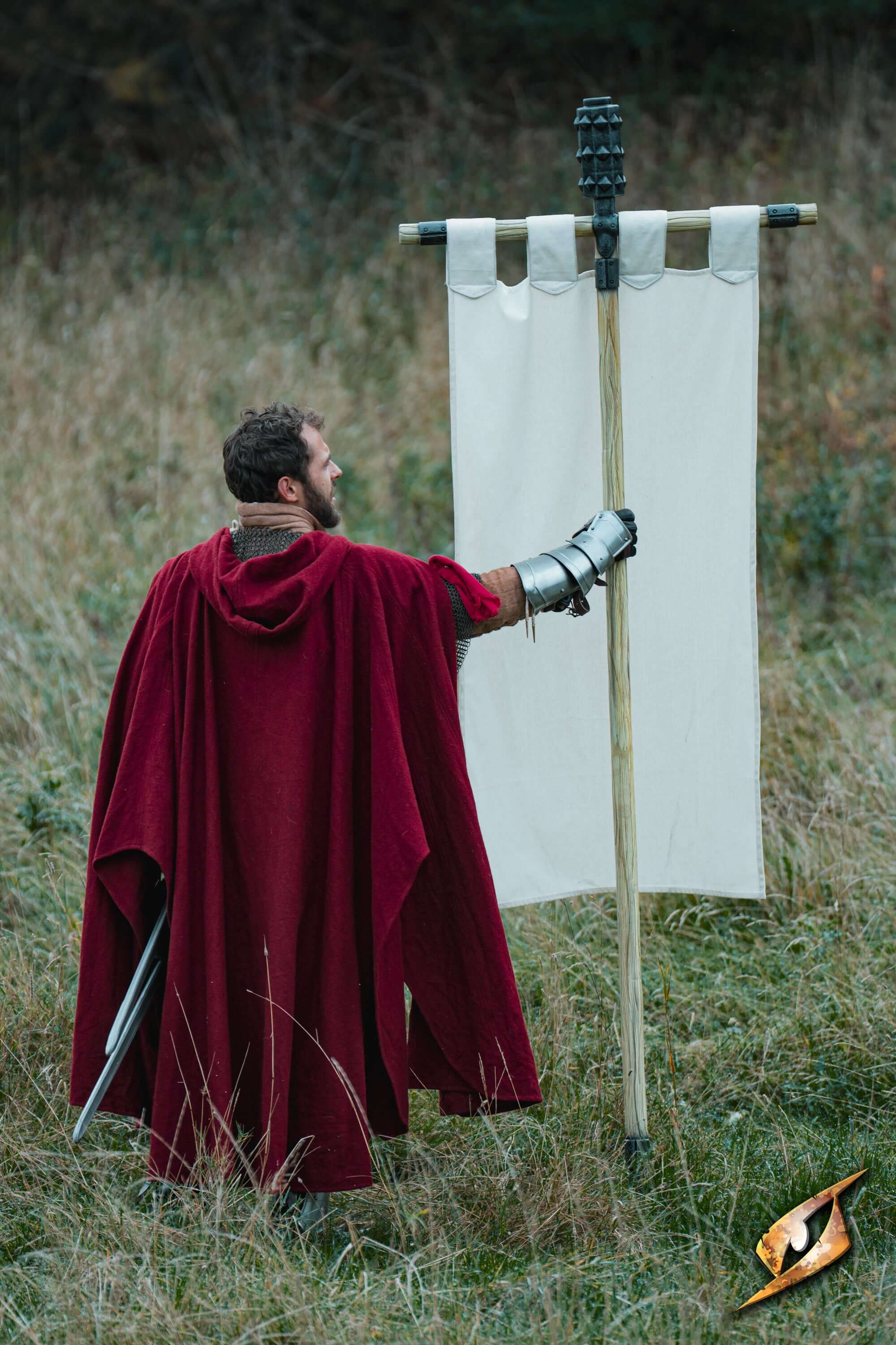 Complete Battle Standard Set - Spiked Mace Top displayed with a warrior holding a banner in a grassy field.