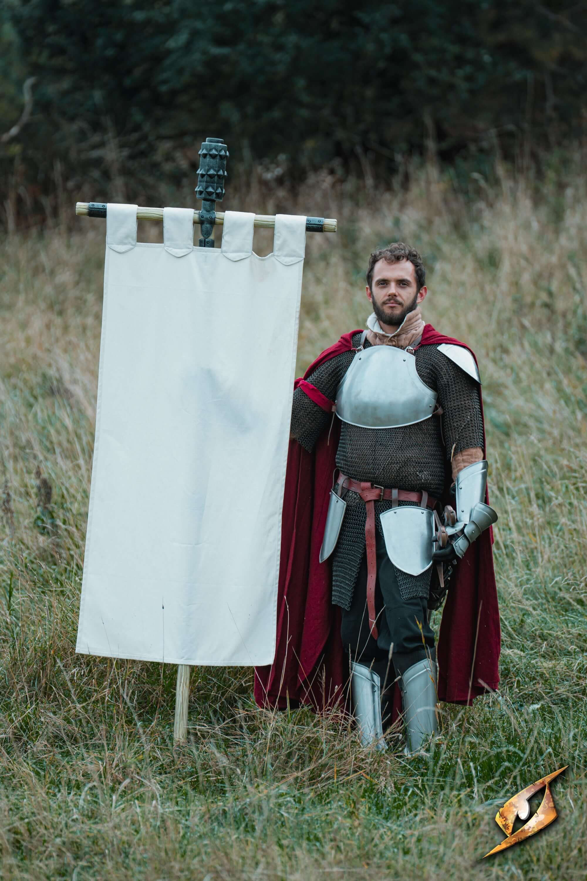 Complete Battle Standard Set - Spiked Mace Top displayed by a knight in armor with a banner in a grassy field.