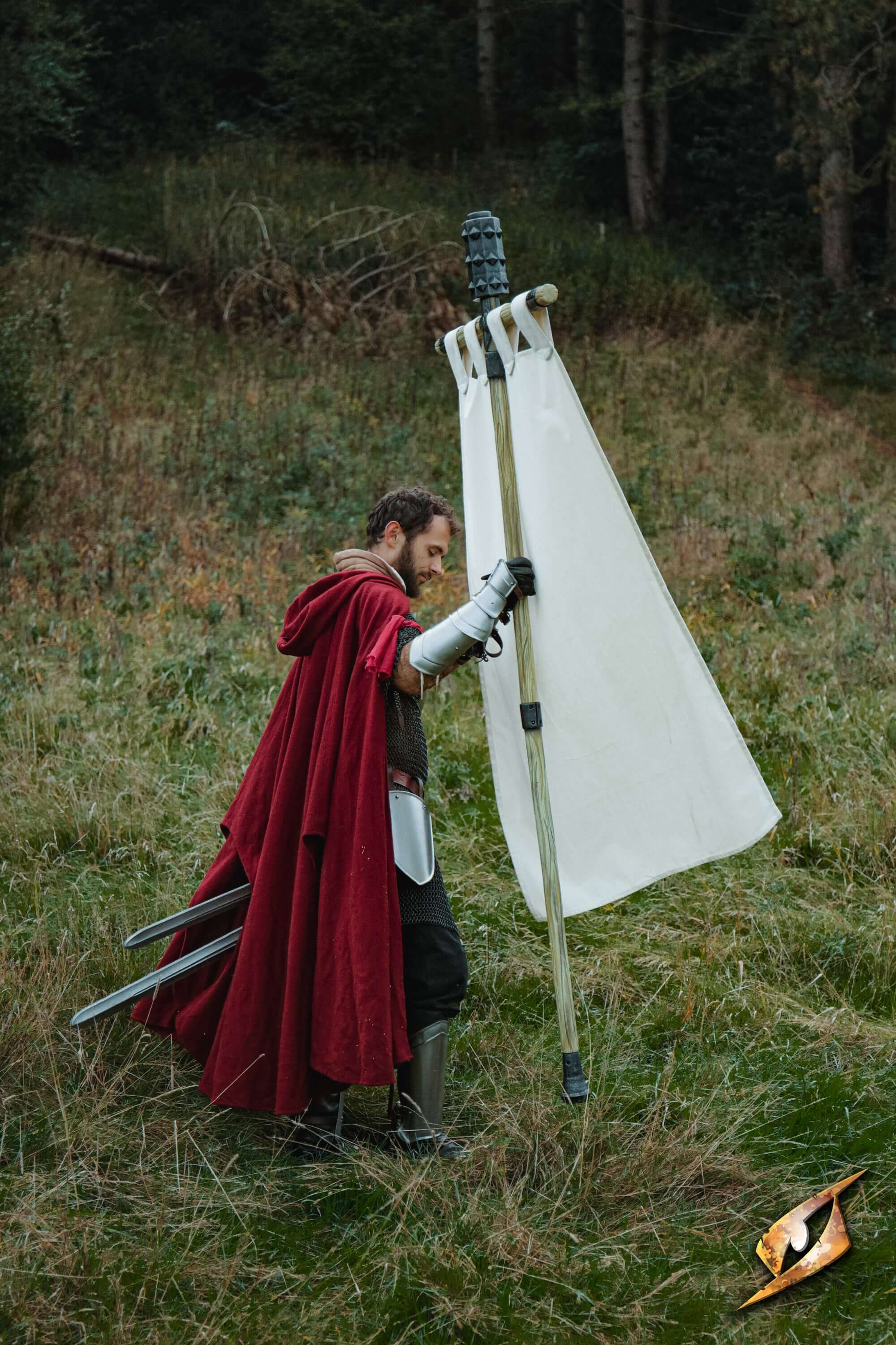 Complete Battle Standard Set - Spiked Mace Top displayed by a warrior in a forest setting.