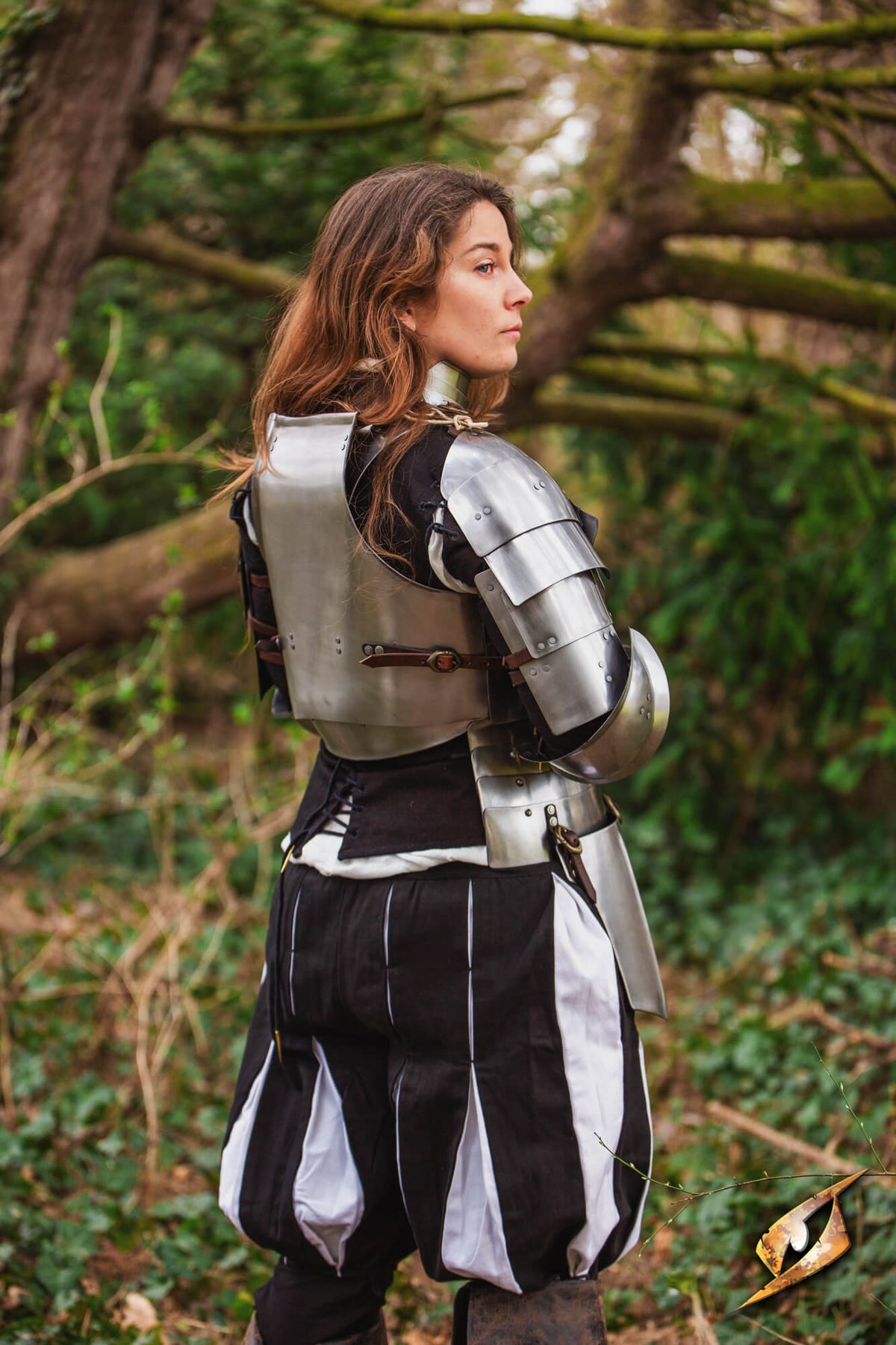Woman in medieval clothing and armor turned away, with a forest backdrop