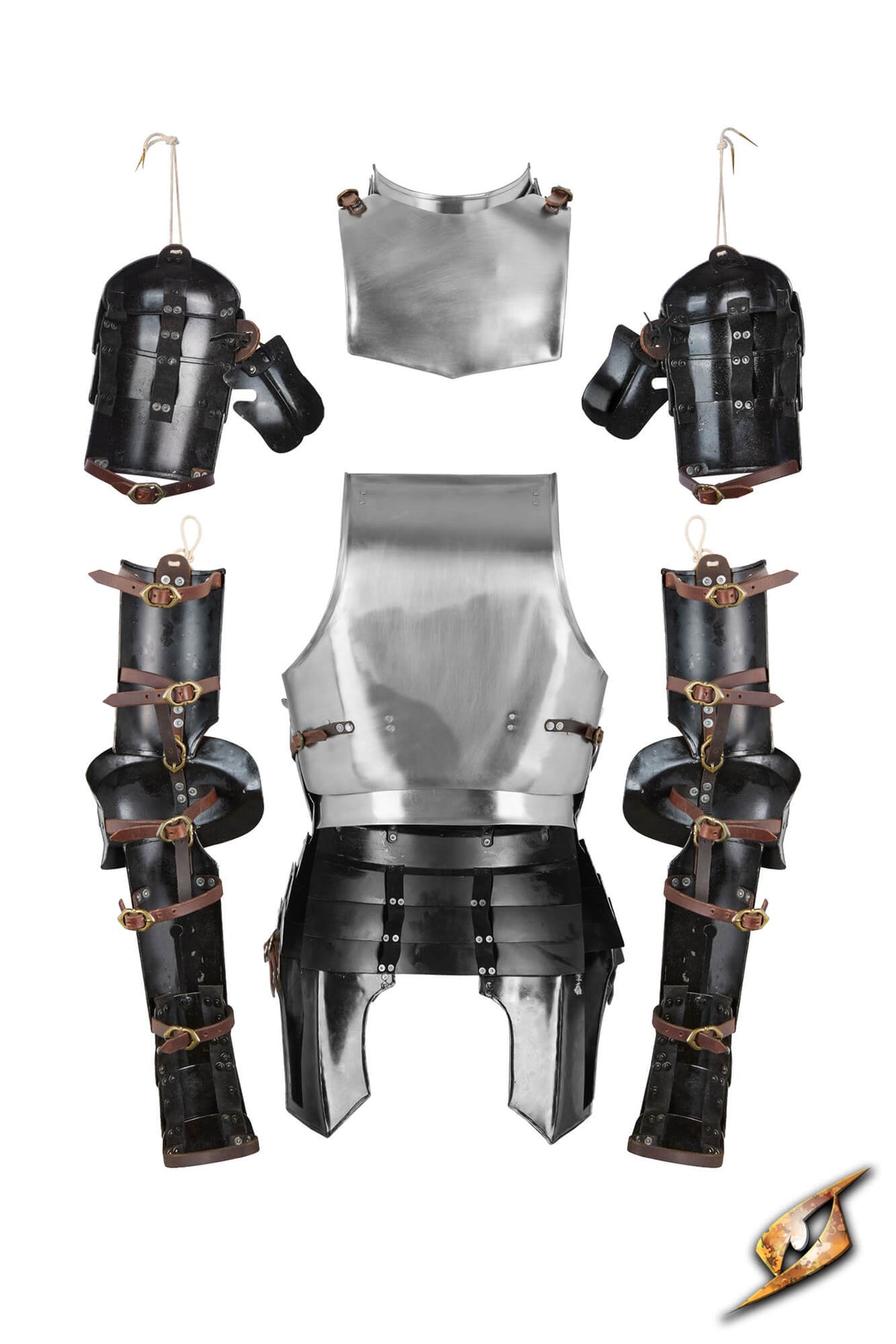 A medieval knight or warrior armor set displayed flat against a white background, including a silver breastplate, black shoulder guards, forearm guards, and a black hip belt with brown leather straps and brass-colored buckles.