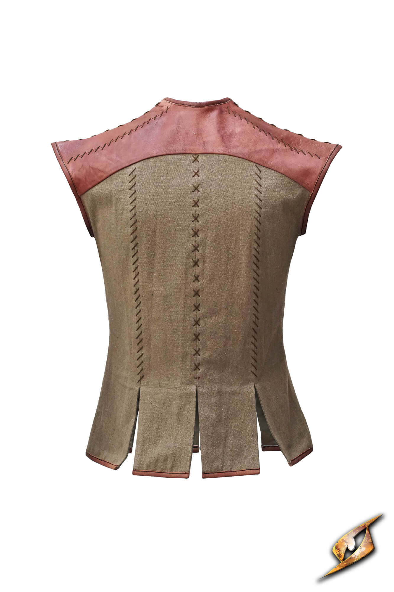 Back view of Rugged Canvas Jerkin featuring leather shoulder reinforcement and decorative stitching.