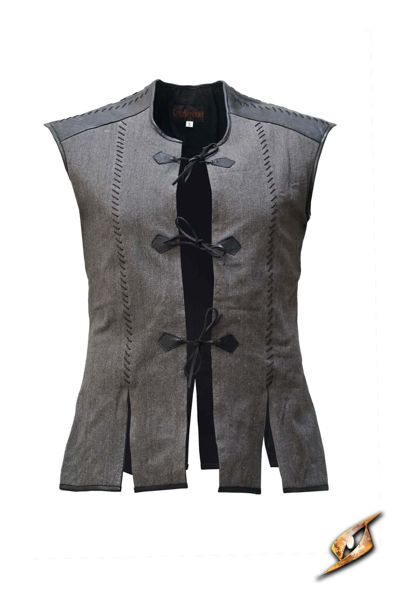Rugged Canvas Jerkin showcasing sleeveless design with leather accents and decorative stitching.