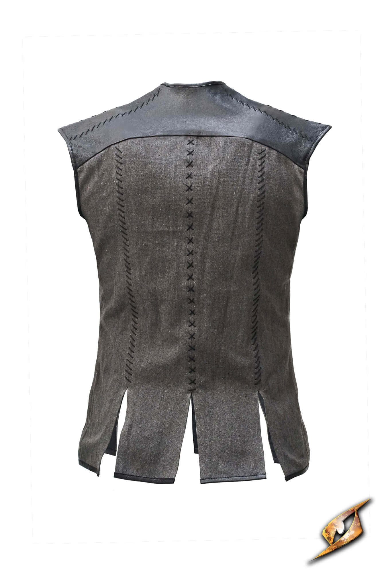 Back view of the Rugged Canvas Jerkin featuring leather shoulder reinforcement and decorative stitching.