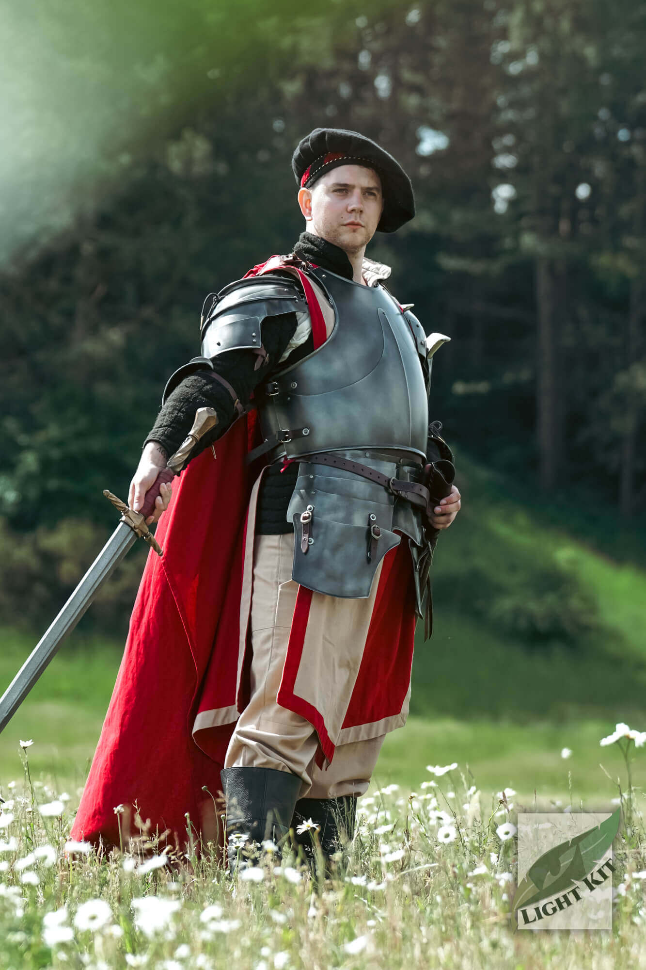 Milanese Complete Set - Light Kit featuring a knight in full armor holding a sword in a field of flowers.