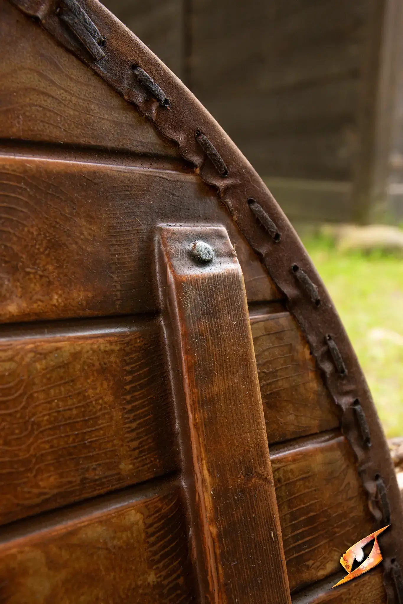 Close-up of the Thegn Shield showcasing intricate wood detailing and craftsmanship.