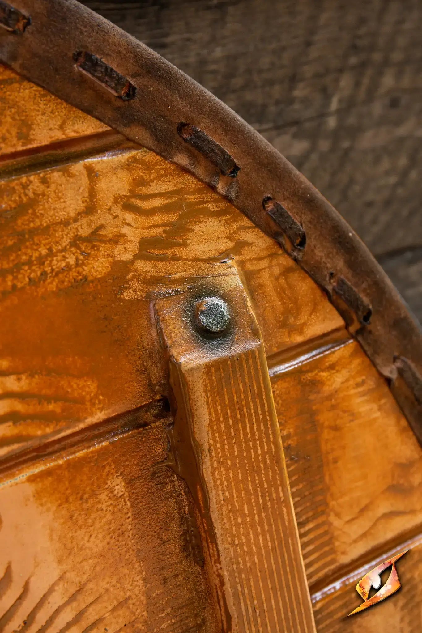 Close-up of Thegn Shield showing wooden handle and detailing, ideal for coastal raids and offensive fighting.