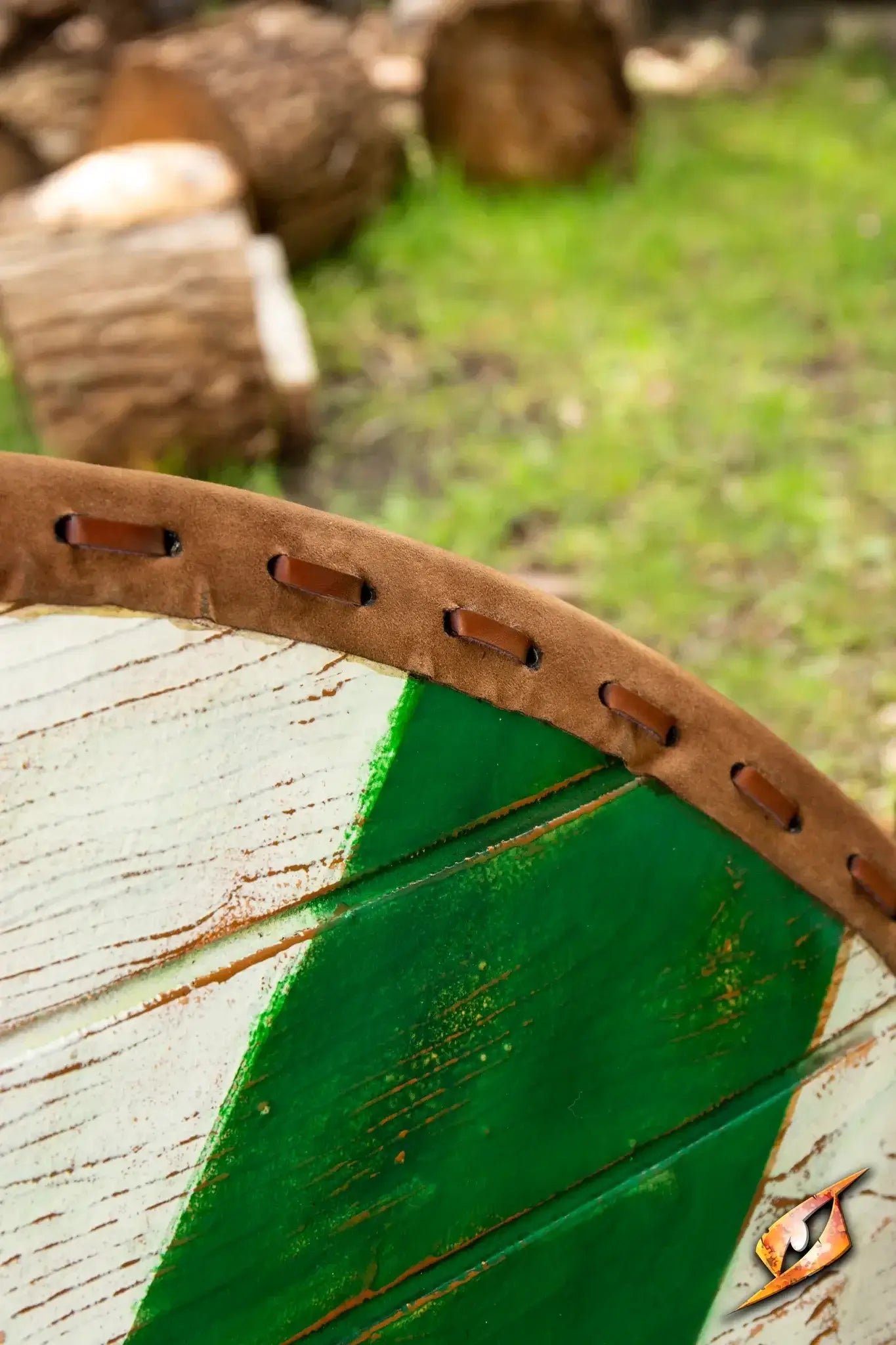 Close-up of the Thegn Shield's unique design with green and white colors, showcasing its craftsmanship and details.