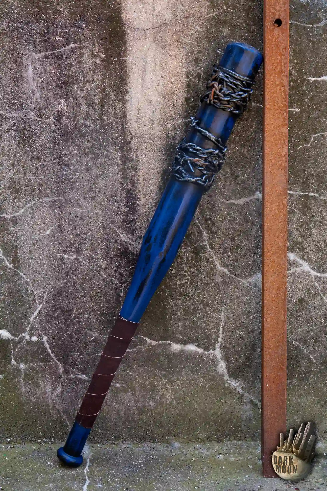 Dark Moon Barbed Wire Bat designed for post-apocalyptic battles, featuring blue color and barbed wire wrap.