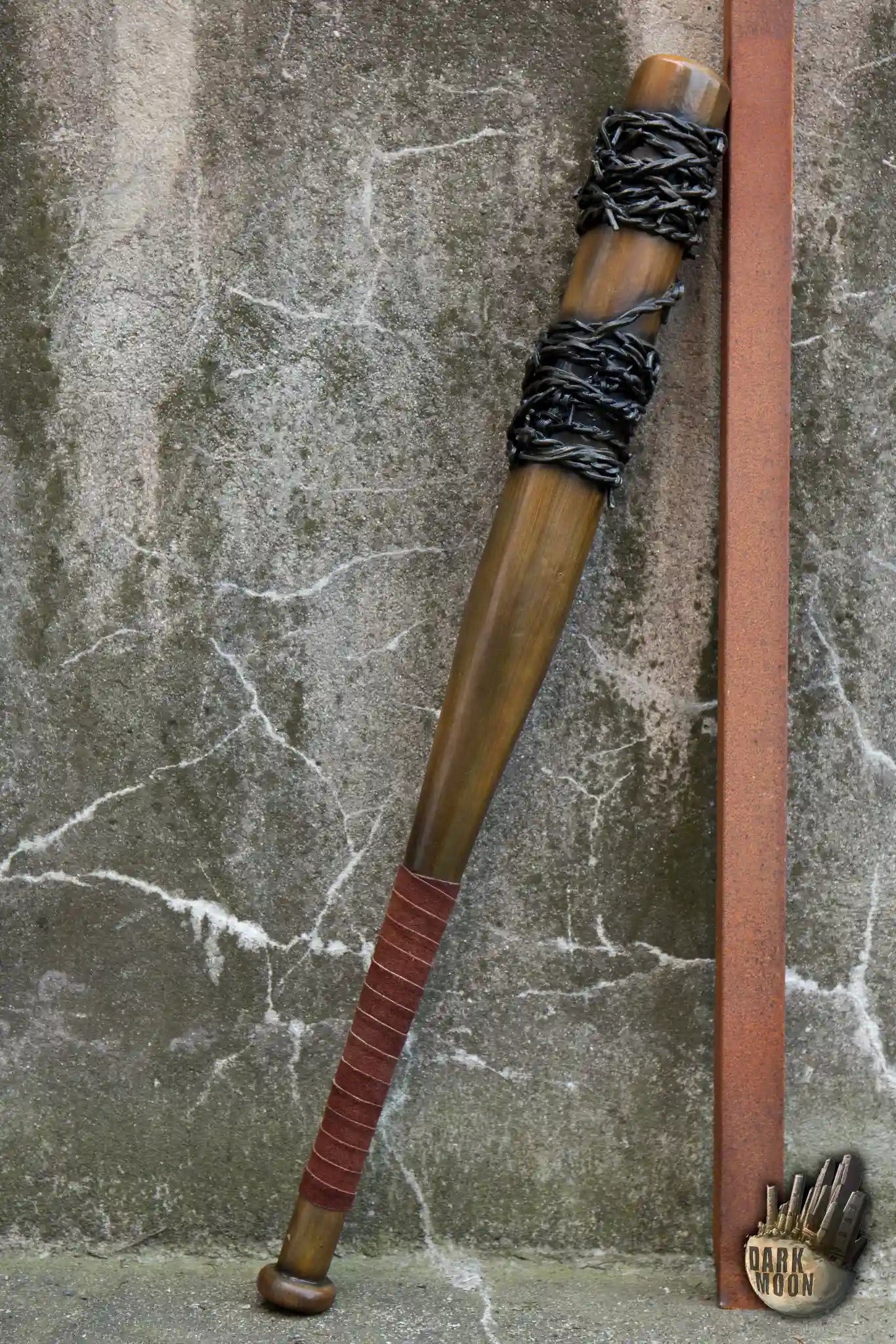 Barbed Wire Bat designed with a wooden look, featuring barbed wire wrapping, ideal for post-apocalyptic scenarios.