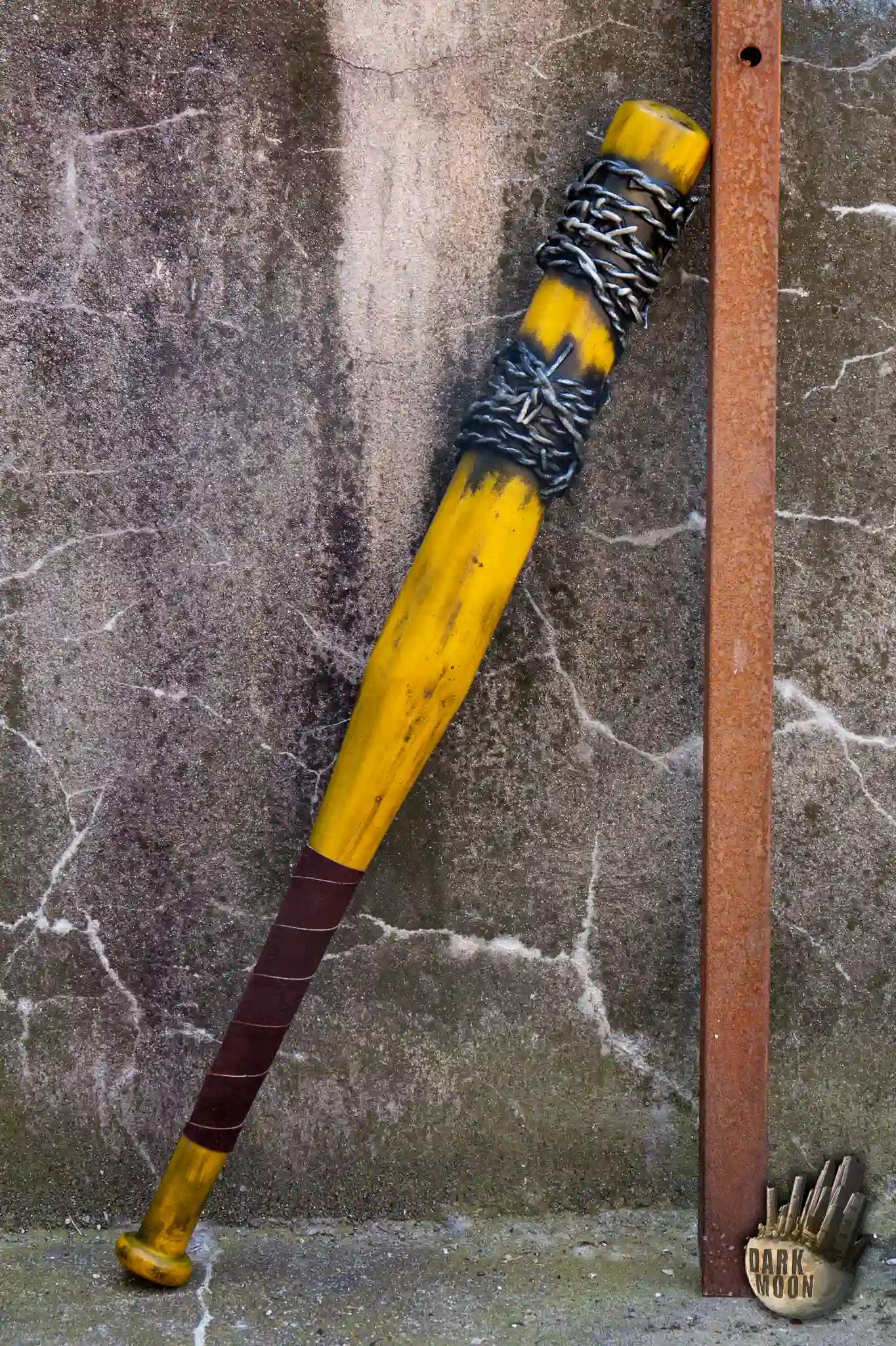 Dark Moon’s Barbed Wire Bat featuring blue and yellow design, ideal for a post-apocalyptic theme.