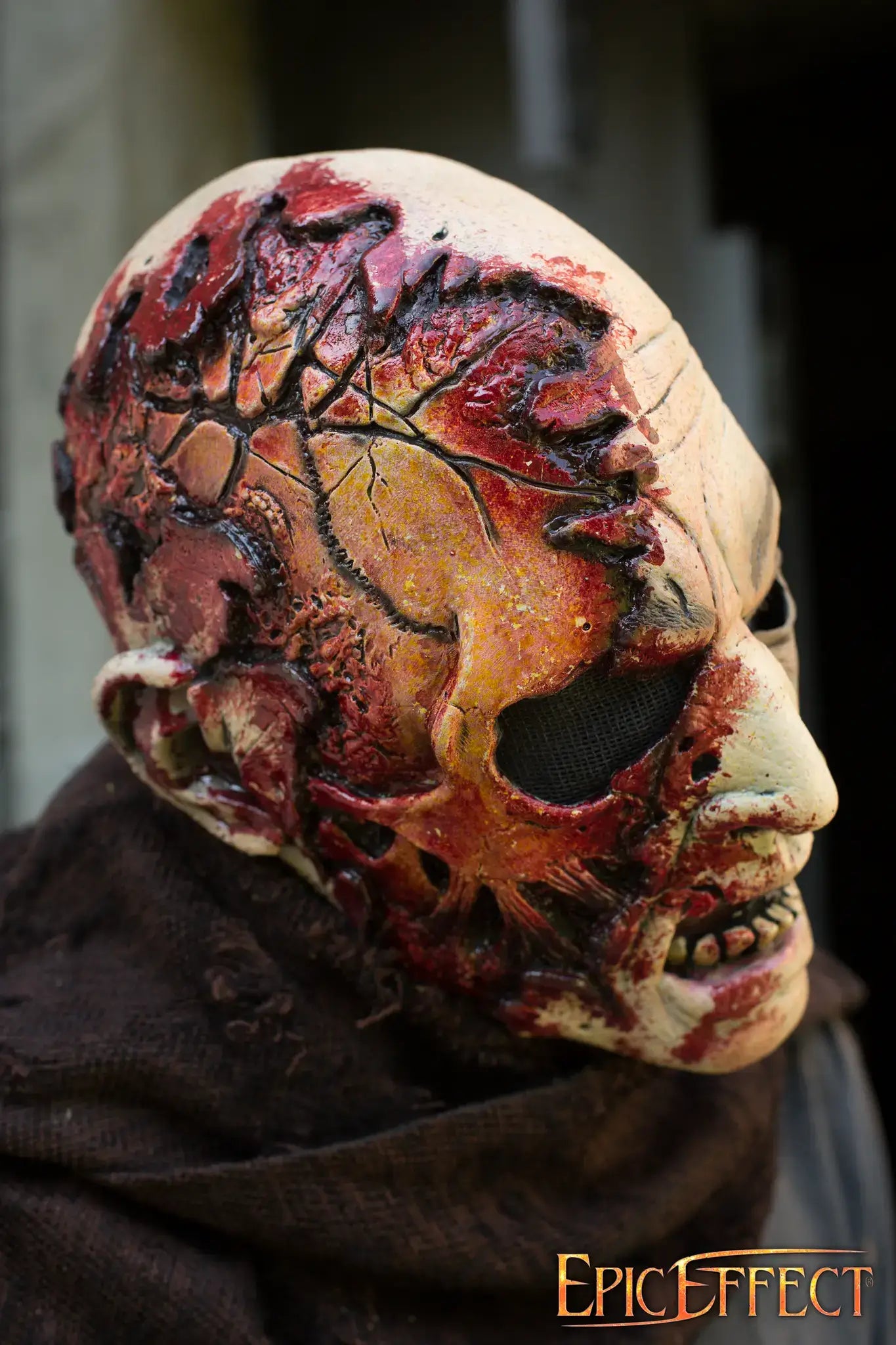 Half Face Zombie mask with detailed decay and grotesque features, perfect for Halloween costumes and haunting decor.