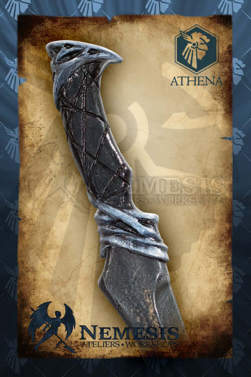 Assassin's knife with intricate design from Nemesis Ateliers, Athena collection, displayed on thematic background.