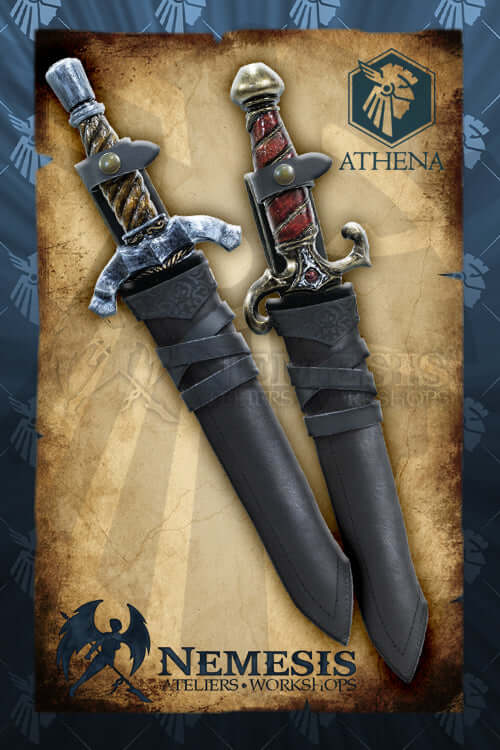 Athena scabbard - Musketeer & Noble Dagger with ornate designs and leather sheaths, showcased against a vintage background.