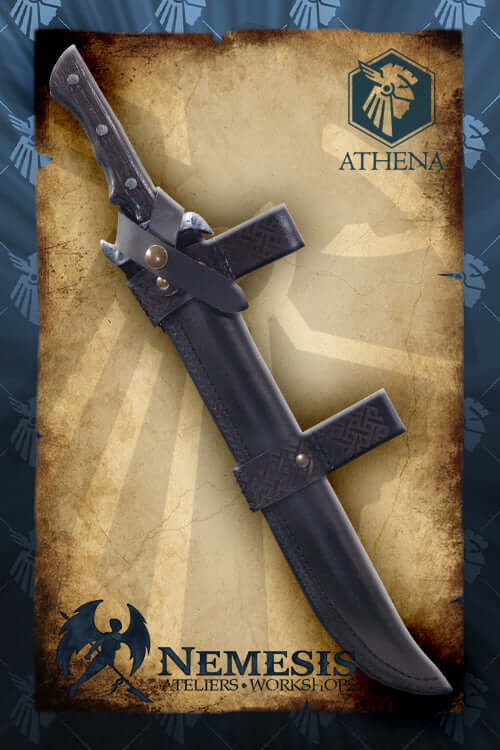 Athena Scabbard - Ranger's knife displayed with intricate craftsmanship and dark leather sheath.