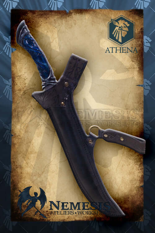 Athena Scabbard - Elven Knife displayed on parchment background, showcasing intricate details and craftsmanship.