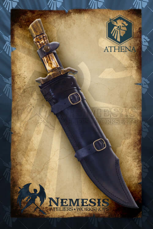 Athena Scabbard - Bowie knife displayed with intricate designs and craftsmanship from Nemesis Atelier.
