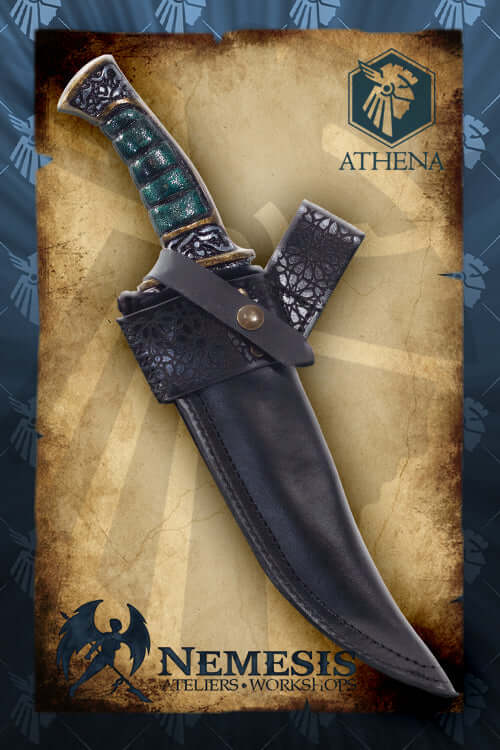 Athena Scabbard - Kandjar Dagger displayed with a sleek black sheath and ornate handle design.